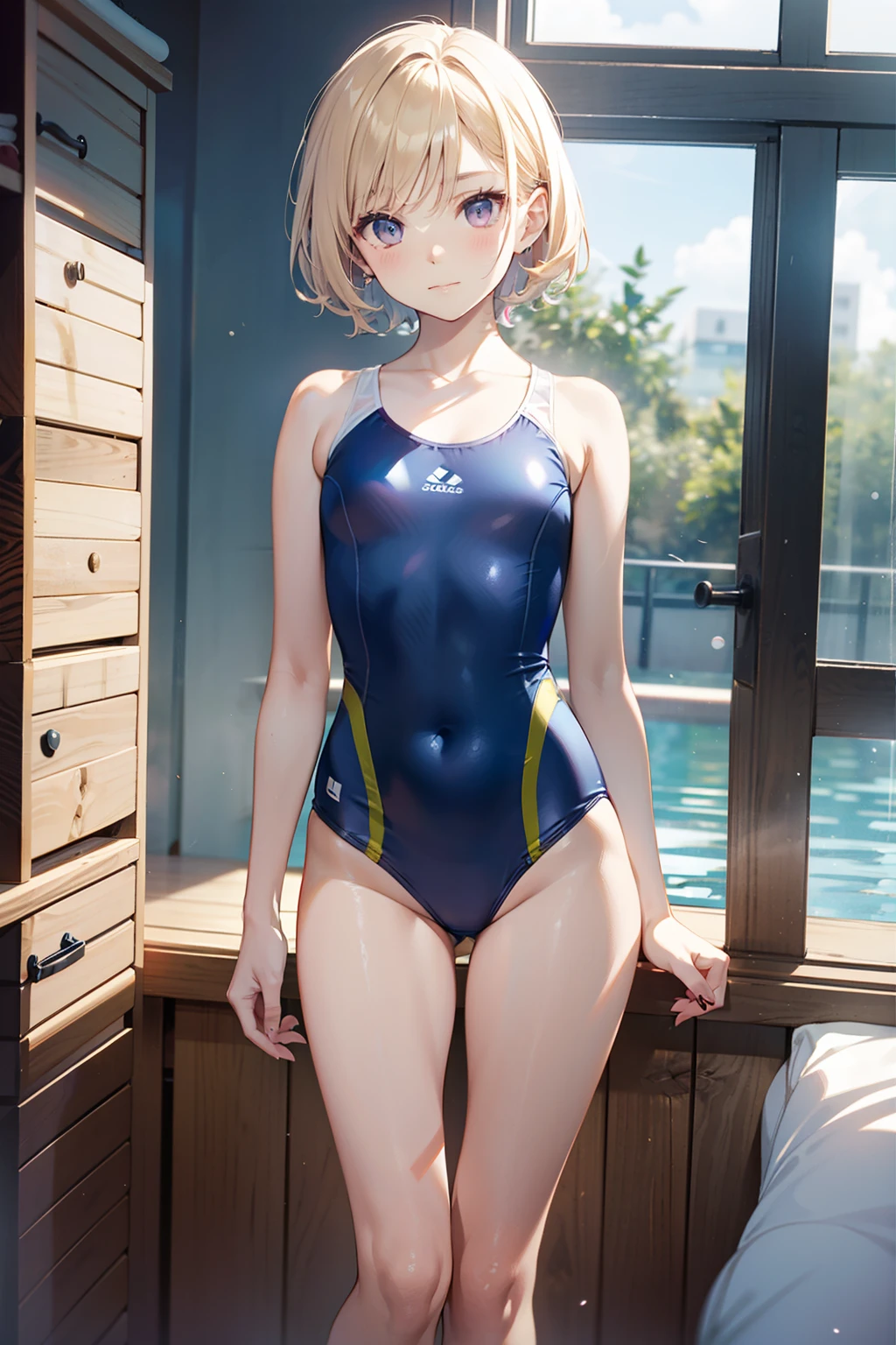 top-quality、Full limbs、complete fingers、Slender beauty、Blonde short、Bery short hair、knee high、Pink swimsuit、School swim wear、Bedrooms、Hotel