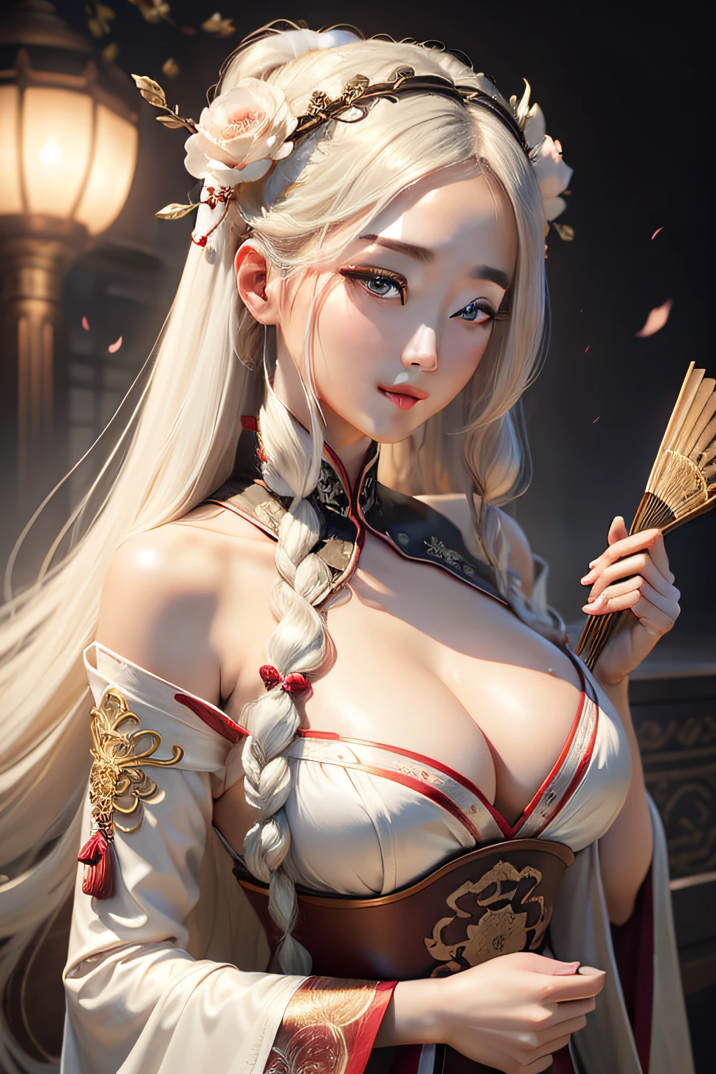 Ancient beauty，long whitr hair，Raised sexy，wearing a hanfu，Take a fan，ssmile，gentleness，Cleavage is seductive，adolable，Portrait wallpaper，filigree