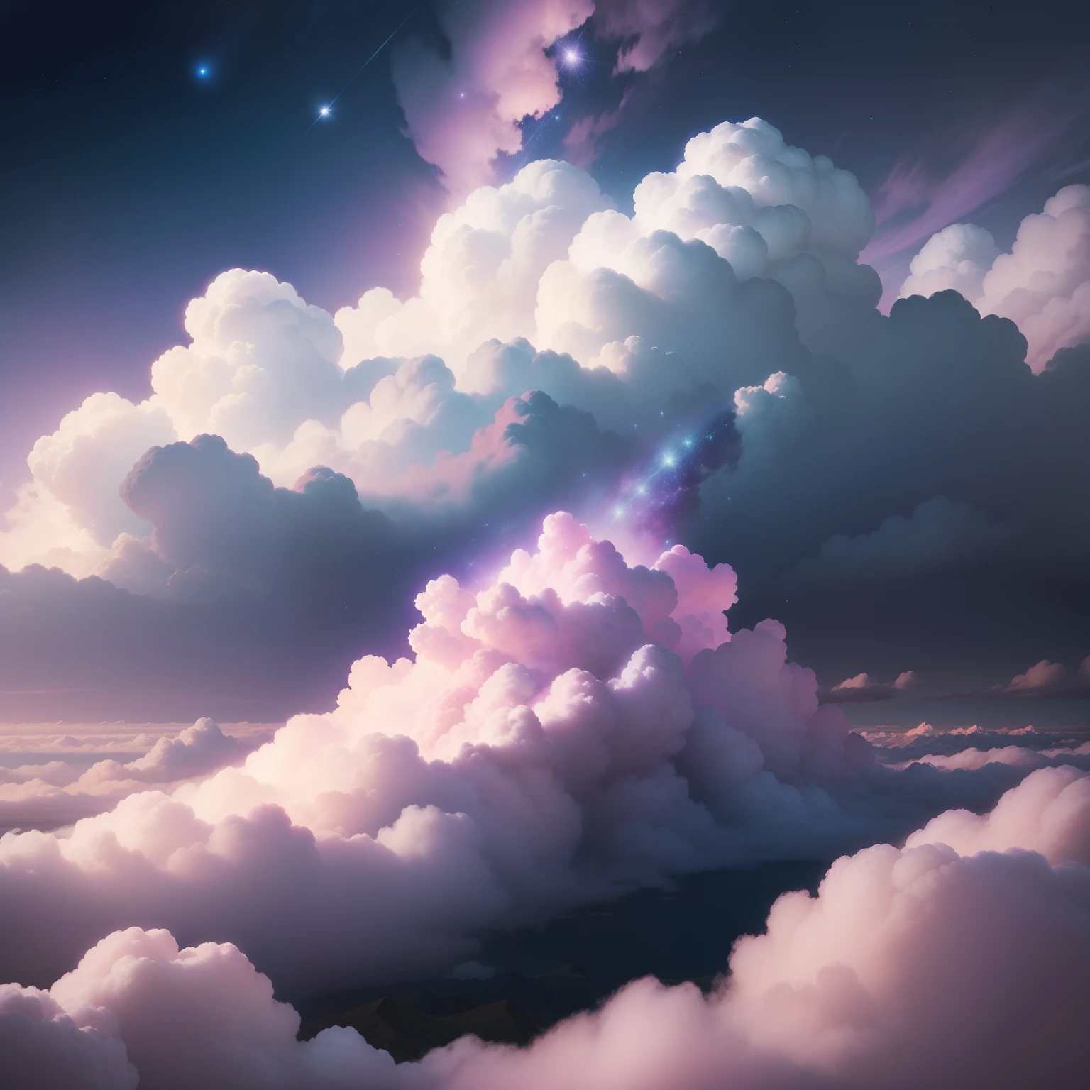 Add pink and purple clouds to background sky with stars. Dreamy land, tussock, Heavenly. Save a white puppy from image to image