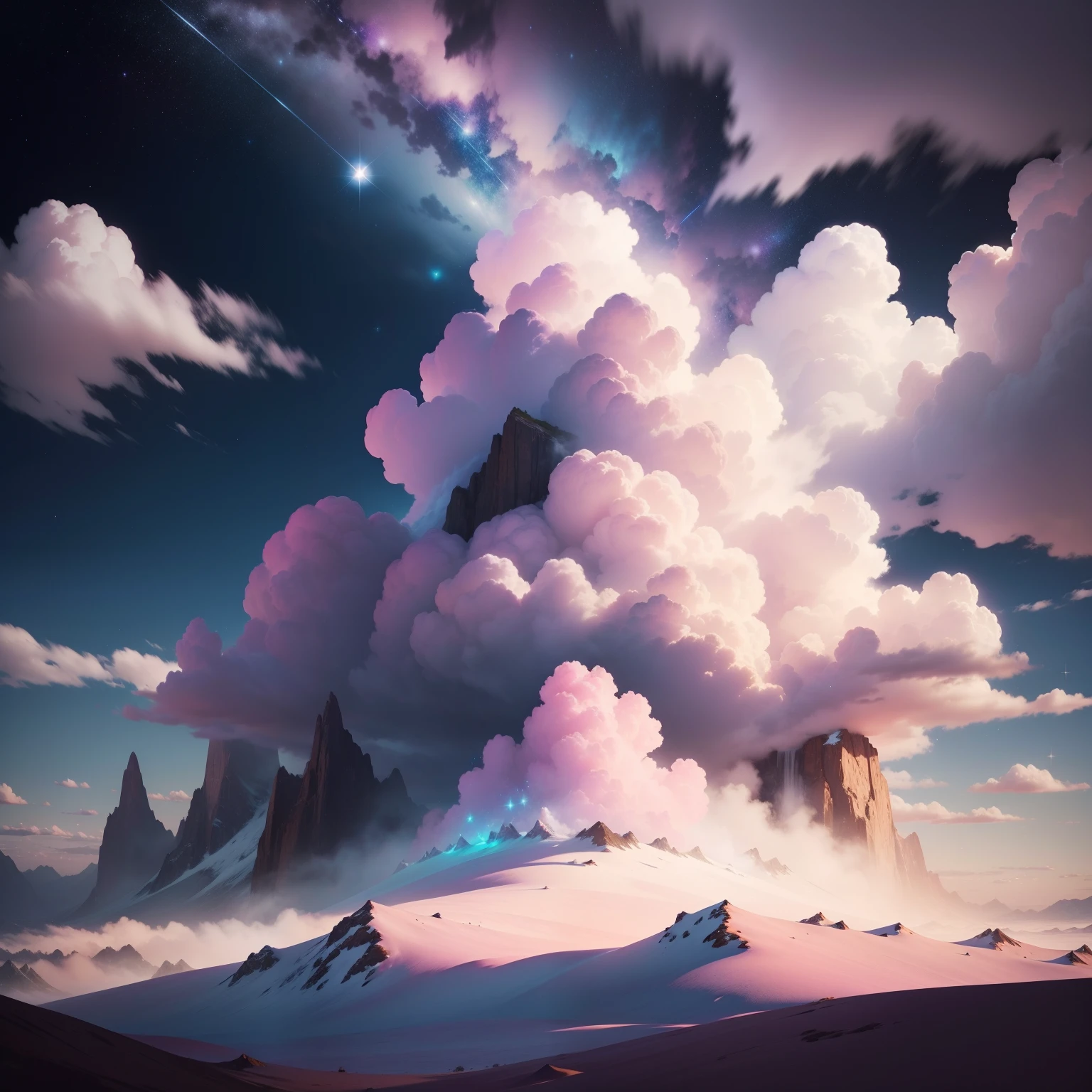 Add pink and purple clouds to background sky with stars. Dreamy land, tussock, Heavenly. Save a white puppy from image to image
