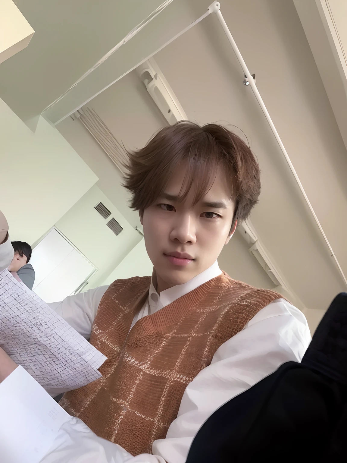 A young man holds a sheet of paper in his hand, XQC, as an anime character, Jimin, The exact face of Jimin, Pak Chimin, Jung Jaehyun, He is wearing a brown sweater, taejune kim, Profile picture, headshot profile picture, Jimin\Greek nose, Toru Furuya, Danila Tkachenko