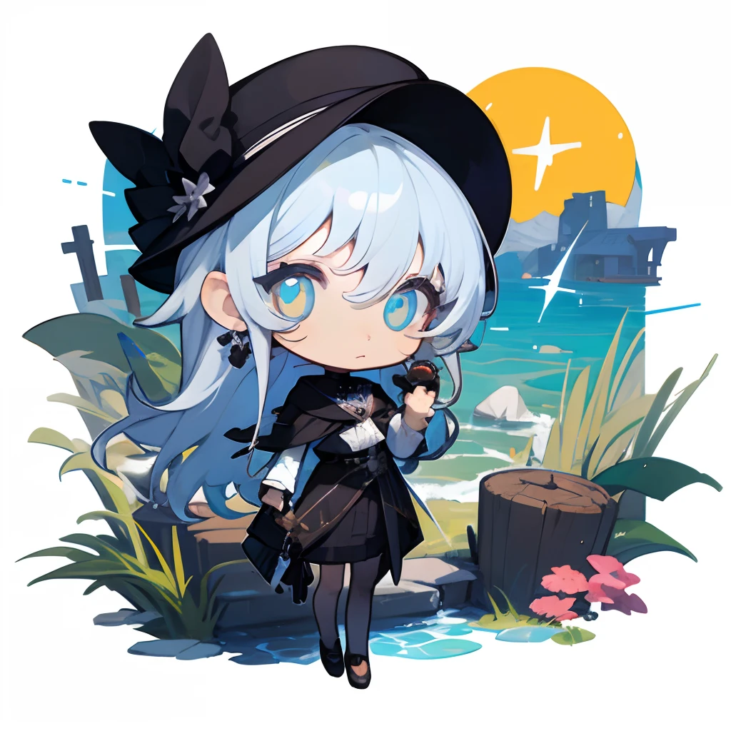 top-quality,Best Quality,Original Characters,Beautiful and detailed eyes,Chibi Chara,round big eyes,Round small glasses,Eye color is the color of the sea,silber hair,Wearing a hat,