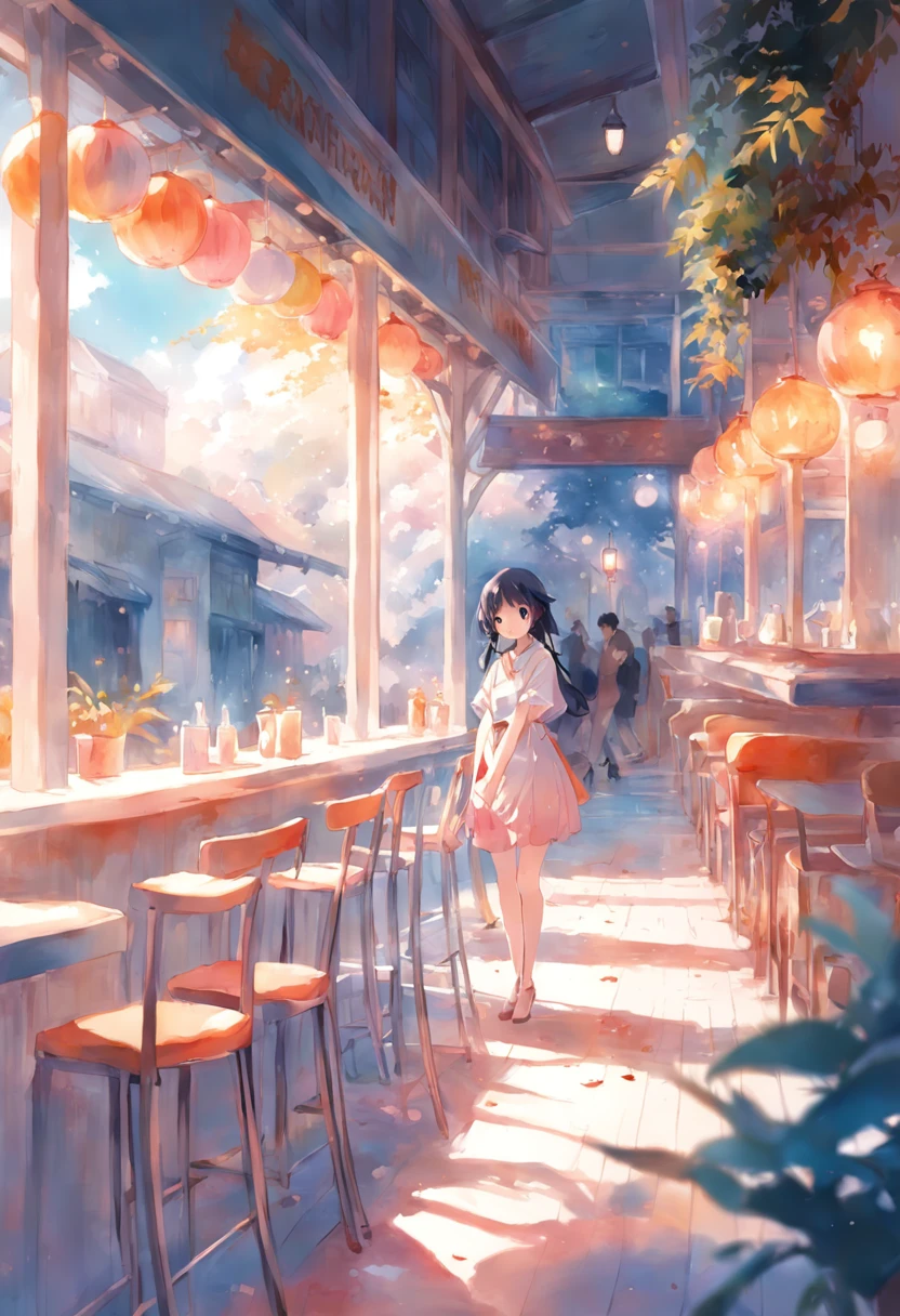 top-quality、​masterpiece、Soft Focus , Bright gradient watercolor , Dreamy , White background、girl、cafes