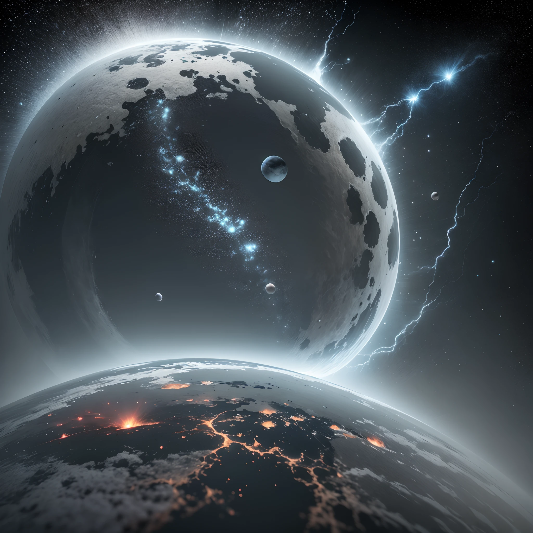 White and yellow strange planet in the darkness of the universe, high definition, Studio photoluminescence, Grayscale details, ..3d, 4D, Realistic style, Cinematic effects, with lightning, Energetic atmosphere, Plasma details --auto --s2