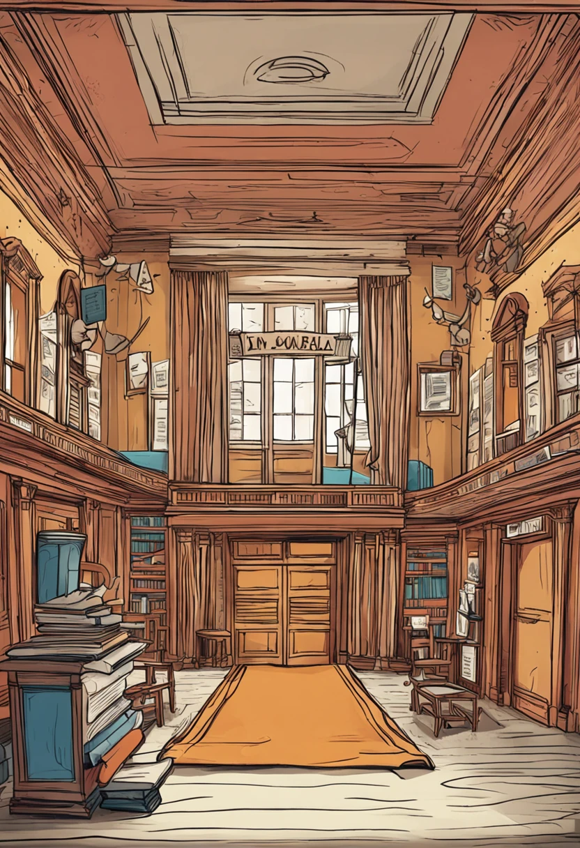 sala de um museu com uma porta secreta que leva a uma sala cheia de tesouros, estilo desenho de livro infantil