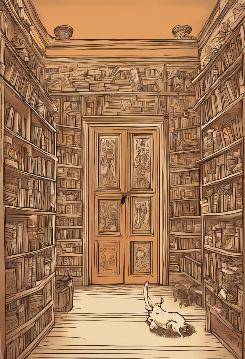 sala de um museu com uma porta secreta que leva a uma sala cheia de tesouros, estilo desenho de livro infantil
