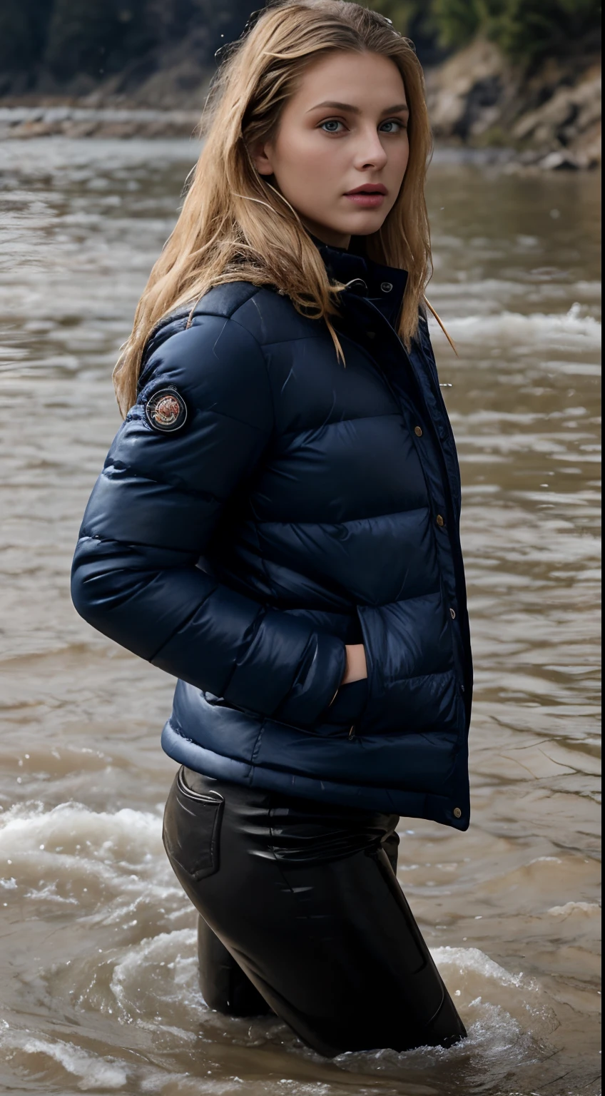 (full shot editorial photograph:1.1) , front shot, eye contact, of a cute beautiful blonde wearing  navy superpuffy long Moncler Everest down jacket and black leather trousers, front view,(getting coat wet in the river), ( deep in water), very detailed, 20 years, (natural long blonde hair:1.2), best quality, intricate details, highly detailed, sun is shining