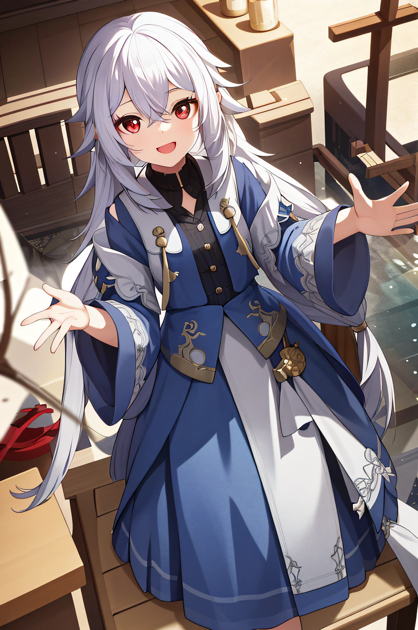 1girll,White hair and red eyes,Long hair that reaches the waist,tmasterpiece,8k,Half realistic,4k,RTX,Shaders,Excellent texture work