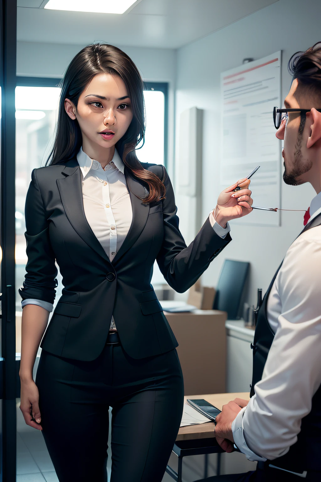 A determined and passionate salesperson giving a persuasive pitch to a potential customer.