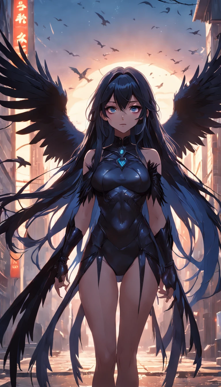 Masterpiece, Best quality, cinematic Film still from, 1girll, monstergirl, Raven woman, full bodyesbian, Portrait, Detailed (Eyes), Long (Hair), Perfect body, Proportional body, crow|raven wings, deep look, Wearing (Tops and pants), Close-up,  Cool soft lighting, Sunset, (Aura:0.7)