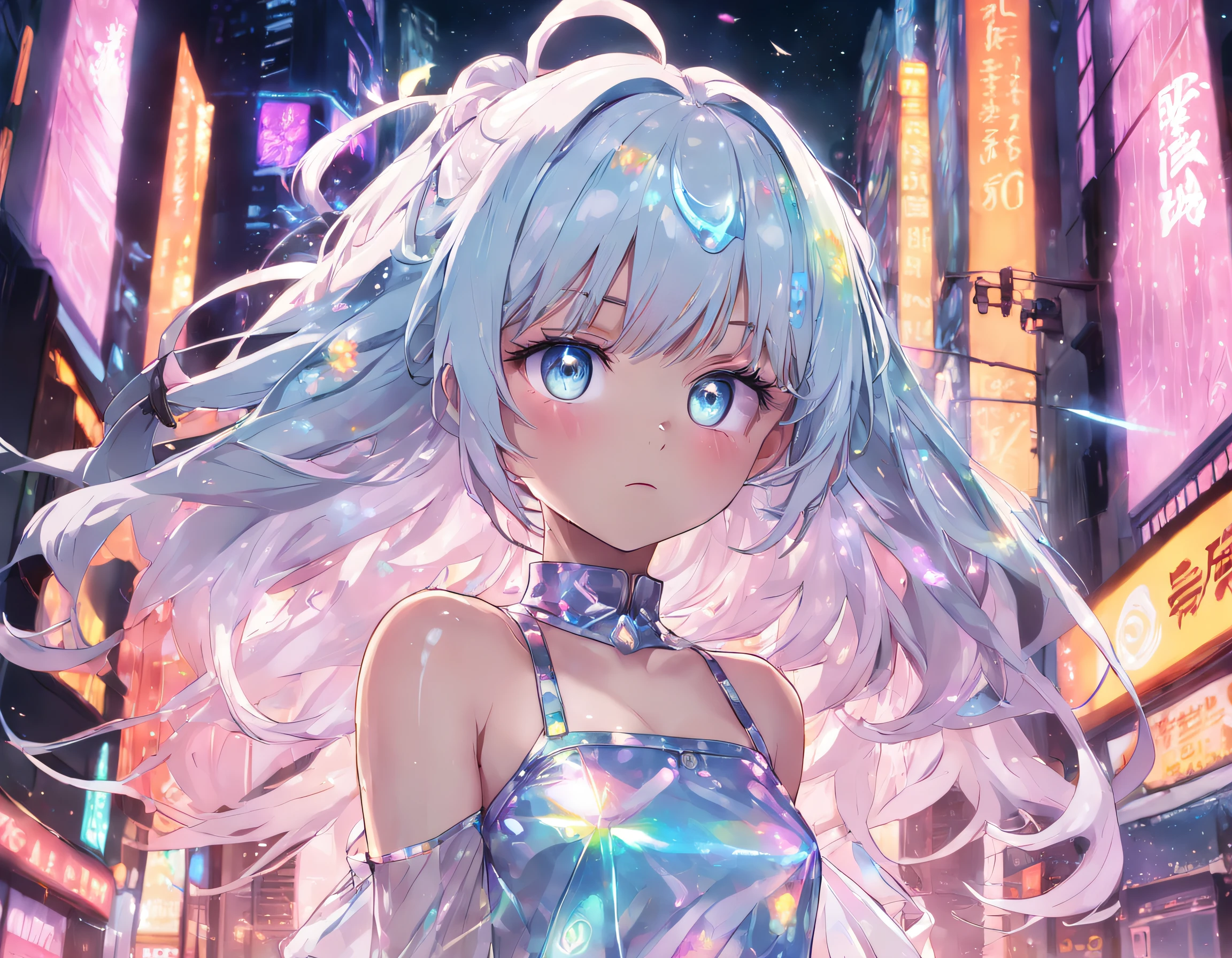 Realistic, Anime style, 1girll, holographic hair, Heterochromic eyes, Glowing eyes, Holographic crop top, Hologram skirt, parted lip, Blush, Night, White roses, pastels, glitters