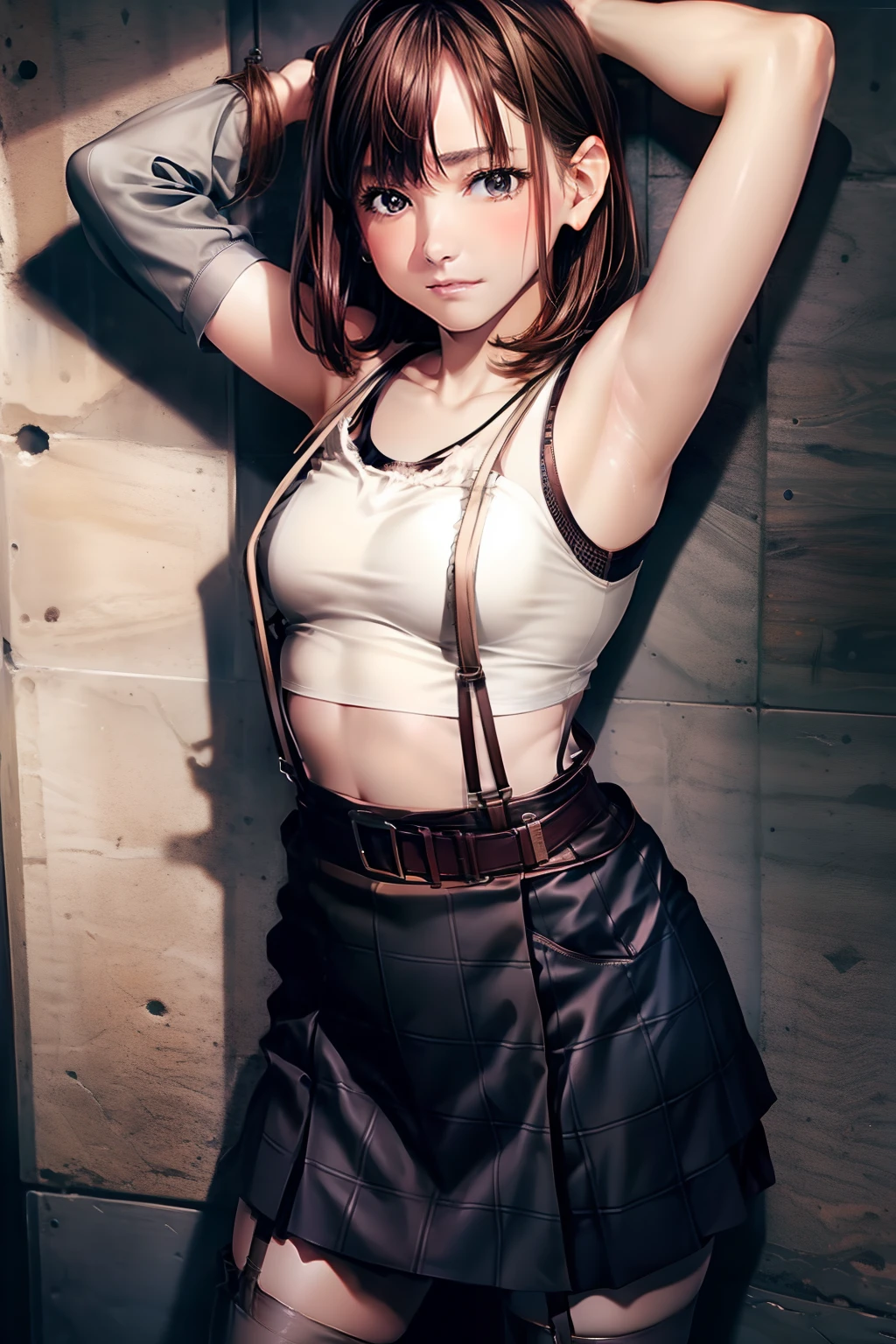skirt by the, Tank tops suspenders, Brown hair short, Gray eyes, Garter belt on the legs, moderate chest and tight clothes, a belt Armpit sweat deadpan