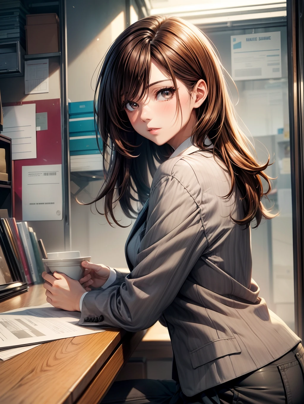 masutepiece, (Best Quality), 1womanl, , brown haired , Brown eyes,Medium Hair,Office Suits,Best Quality , Vibrant colors ,Natural lighting ,nffsw, Beautiful, (Detailed face:1.2), showcase, (Beautiful eyes) ,(Photorealistic:1.1), 8K UHD, Look at viewers, simple backround、full body Esbian、40 years、a matural female、Adults、Strong-minded woman、s Office、Give simple gifts