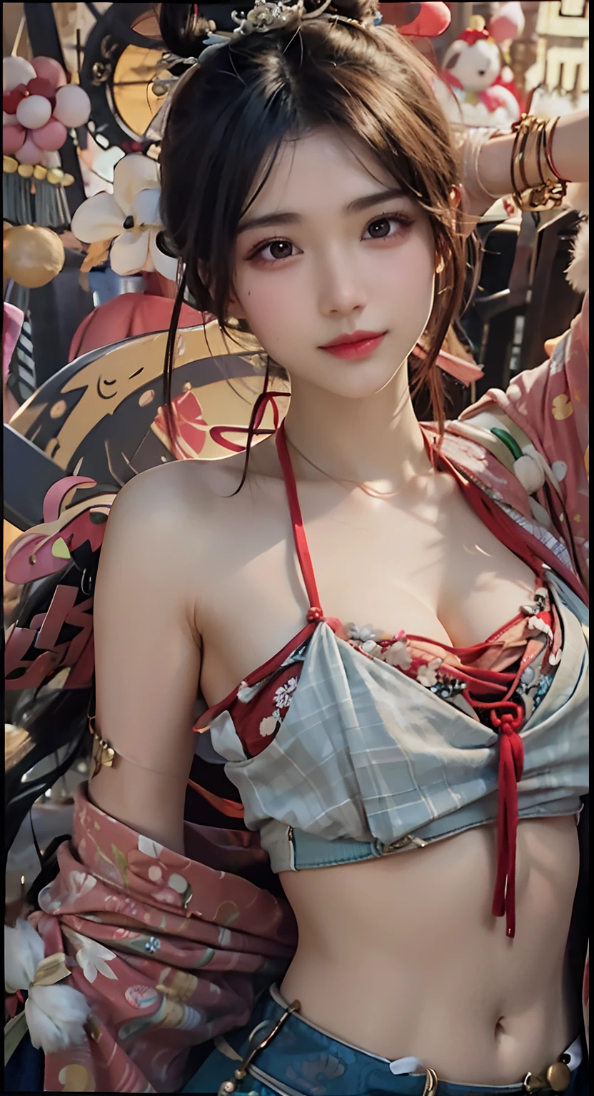 (Hyper Real), ancient shrine maiden, female shaman, giant beauty, safe, high resolution, woman, skin texture details, super high resolution, realistic, plump figure, smile, beautiful expression, red color hair, divine spirit, very delicate and detailed skin texture, (ancient luxury luxury temple), ancient priestess, cleavage, plunging neckline, big red lips , (luxurious red crop top and luxurious accessories), portrait