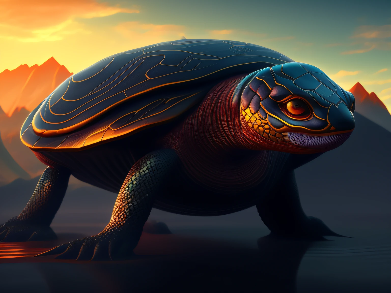 tmasterpiece,CG animation in 8K resolution,absurd res,Inspired by the Classic of Mountains and Seas,Chinese mythology and stories,mythological creatures,The black turtle has the head of a bird and the tail of a snake