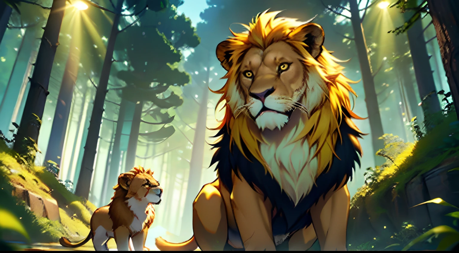 Masterpiece, best quality, 8k resolution, cinematic lighting, a cute puppy, small size, yellow hair, a lion and a monkey , forest