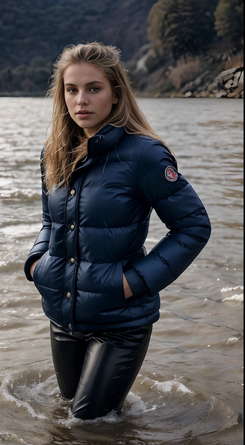 (full shot editorial photograph:1.1) , front shot, eye contact, of a cute beautiful blonde wearing  navy superpuffy long Moncler Everest down jacket and black leather trousers, front view,(getting coat wet in the river), ( deep in water), very detailed, 20 years, (natural long blonde hair:1.2), best quality, intricate details, highly detailed, sun is shining