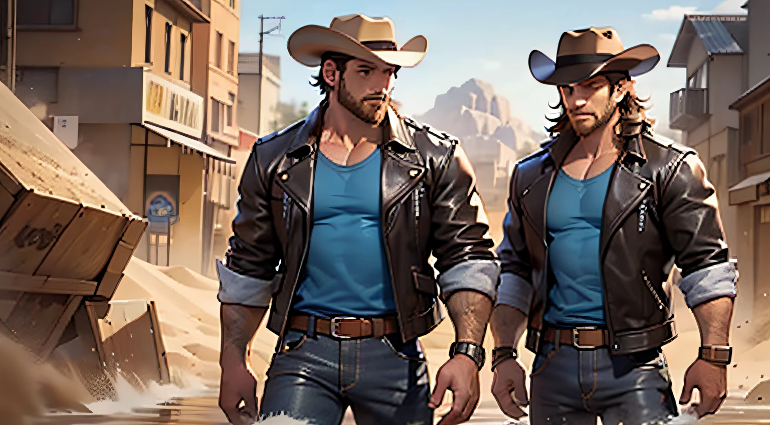 (4K, Best picture quality, A high resolution:1.1), (Masterpiece:1.1)Muscular man, Two brothers，blue-shirt, Brown leather jacket, long black jeans, Cowboy boots, revolver, Cowboy hat, Dark brown hair, Short hair, Brown eyes, A medium beard，One without a beard, desert scenery, There was sand everywhere.With a revolver