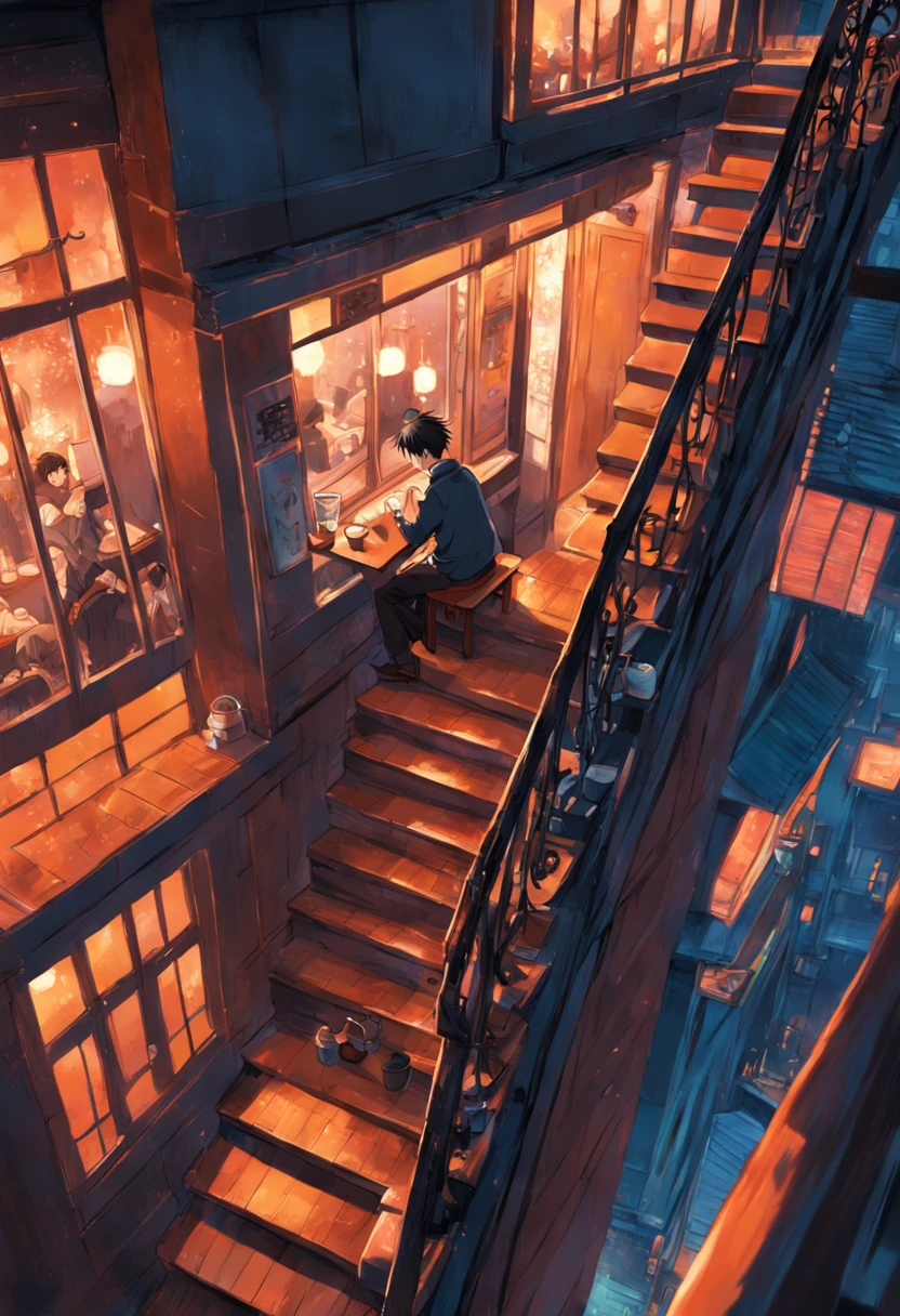 man sitting upstairs drinking coffee thinking
