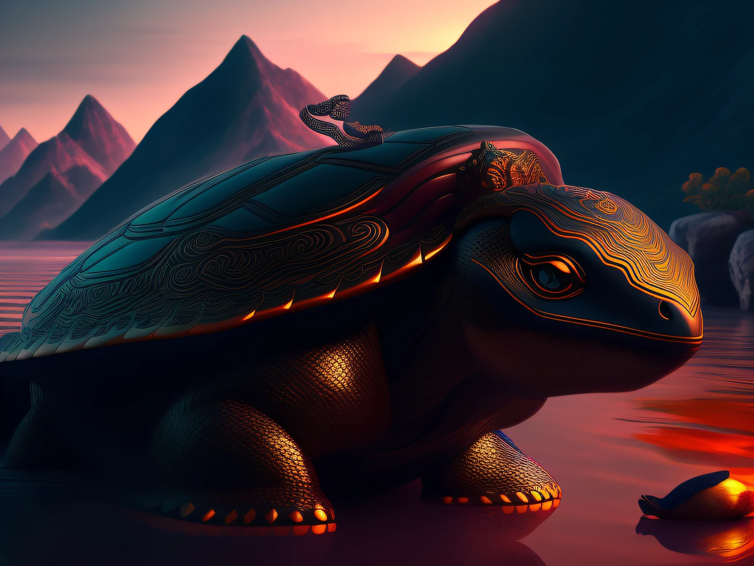tmasterpiece,CG animation in 8K resolution,absurd res,Inspired by the Classic of Mountains and Seas,Chinese mythology and stories,mythological creatures,The black turtle has the head of a bird and the tail of a snake