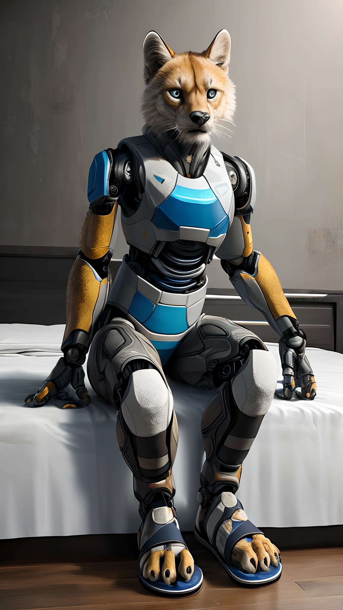 Bionic robot,female,Gilet blanc,white panties,sandals,sit on a bed,HD graphics,Detailed and realistic,high detal,high qulity,photo-realistic,photorealistic eye,Detailed paws,Clear eyes,Masterpiece artwork,Five-fingered hands