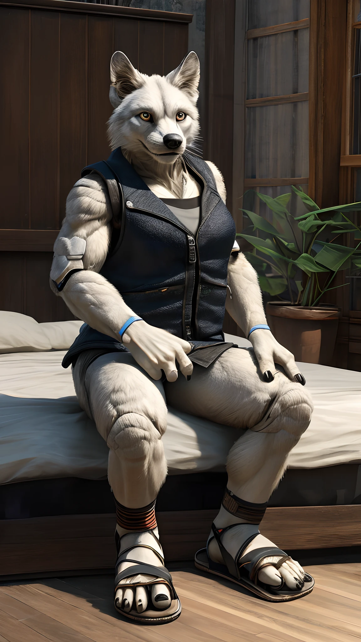 Bionic robot，female，Gilet blanc，white  panties，sandals，sit on a bed，HD graphics，Detailed and realistic，high detal，high qulity，photo-realistic，photorealistic eye，Detailed paws，Clear eyes，Masterpiece artwork，Five-fingered hands