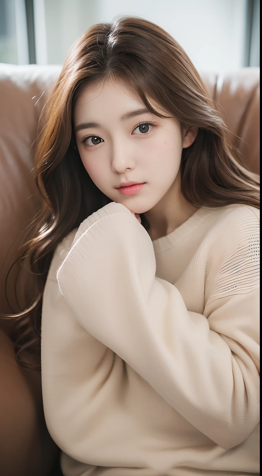 4K、Raw photo、Photoreal Stick、hight resolution、Cute 18 year old woman in Japan , Face like an idol、Brown hair、fatness
、wavy hair、Cute Real Photo Girl、Moe sleeve white lengthTThe shirt、Relax on the sofa