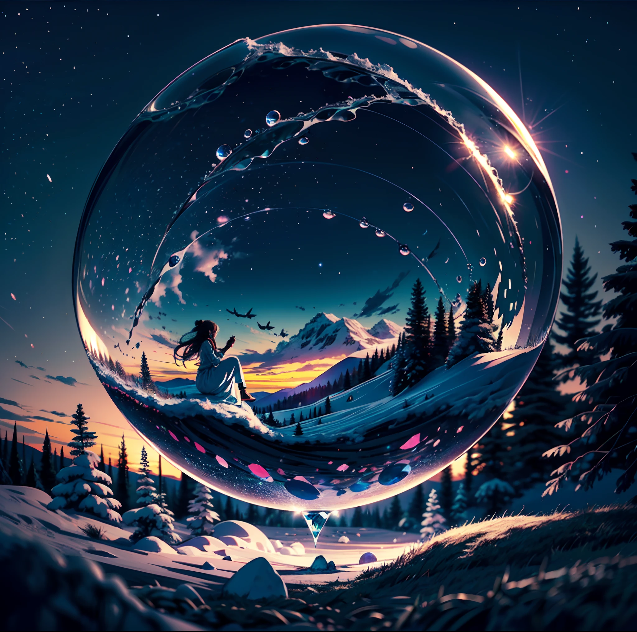 "Bubble realm art,a crystal ball,(((Inside a crystal sphere))),(ultra wide angle), inside the sphere,From behind,From a serene winter landscape, capture the beauty of a girl seated on the edge of a snow-covered mountain, illuminated by the soft glow of a full moon. The starry sky above adds a touch of magic, while the gentle dance of the shooting stars imparts a sense of tranquility to the scene."