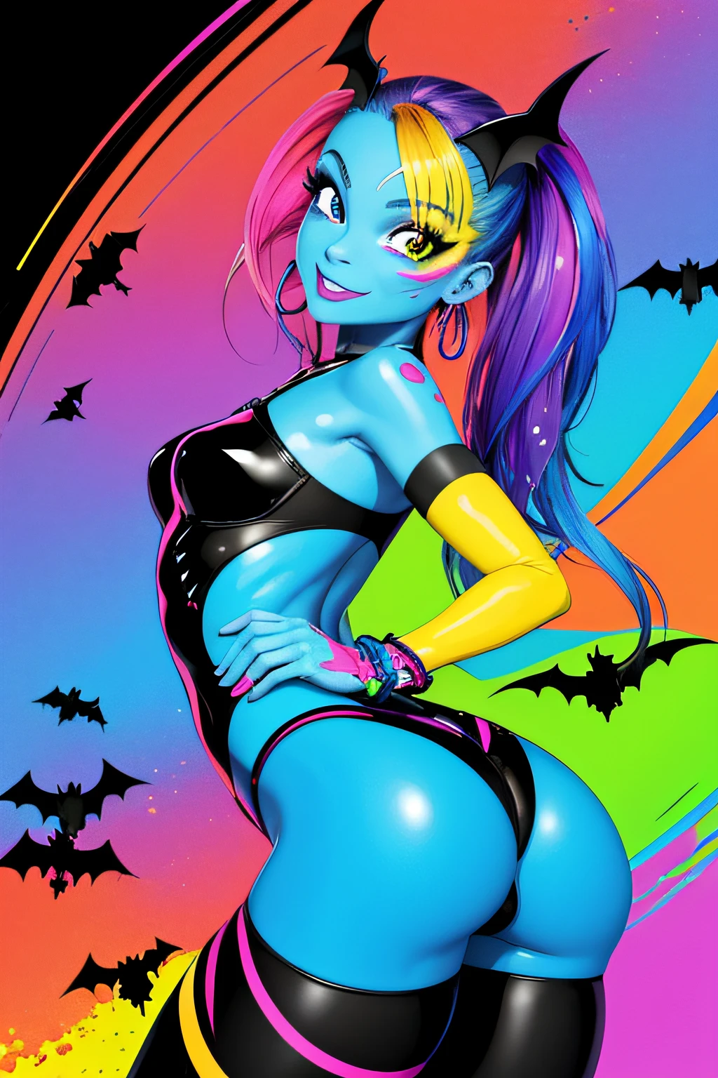 Extreme quality, nffsw, Detailed face+Eyes, (Bright colors), Splashes of color background, colors mashing, , Complementary color scheme, Electric, neons, Magical,Colorful straight line background,A lot of bats,Modern art,sideways Facing,Pose with buttocks sticking out,Looking at the camera:1.5