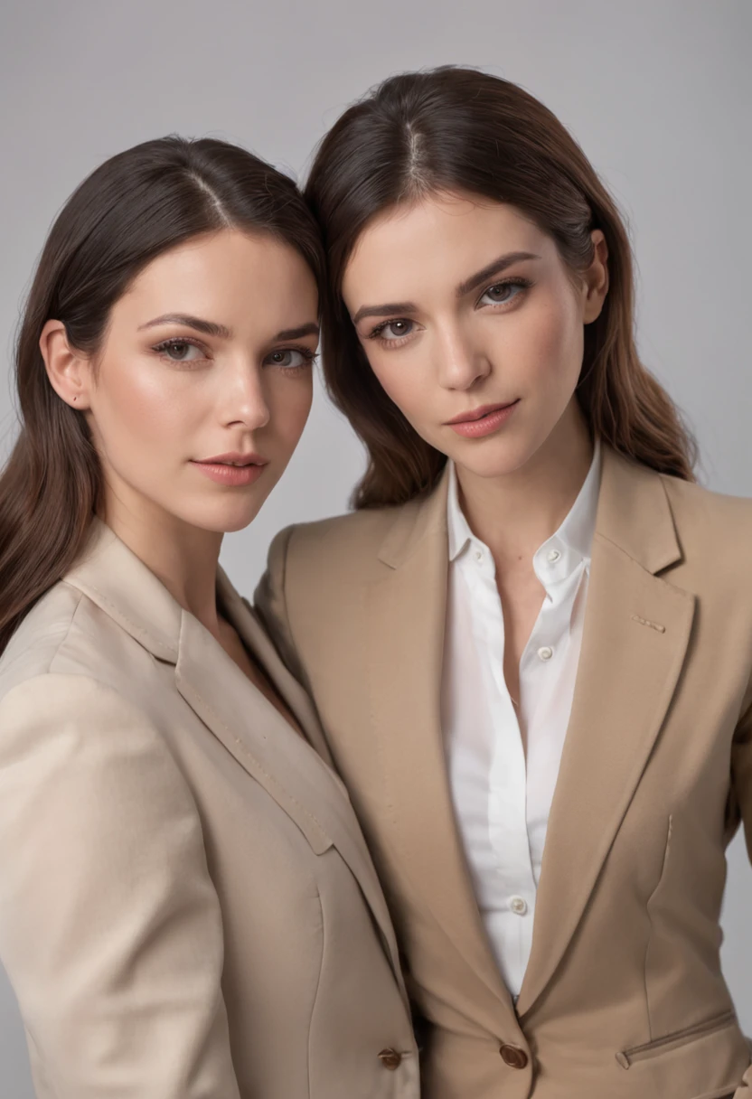A Beautiful Looking Lesbian Couple, Well dressed woman in a nice suit and tie like a great business woman, cabelos pretos longos, 30 anos, provocando a cintura de outra mulher de 26 anos com comprimento, cabelos cortados castanhos claros, vestido com uma roupa casual com grande estilo, a jacket in a romantic mood. rosto perfeito, olhos perfeitos, Realistic photo, 4k, Movie Scene, Romance bonito de duas mulheres, emocional