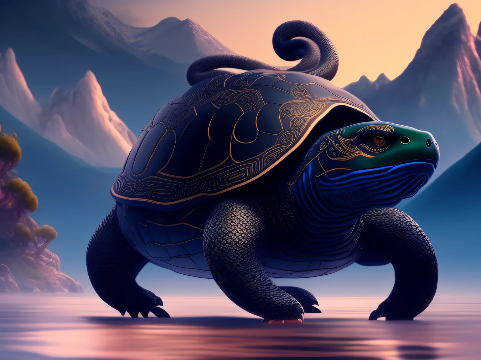 tmasterpiece，CG animation in 8K resolution，absurd res，Inspired by the Classic of Mountains and Seas，Chinese mythology and stories，mythological creatures，The black turtle has the head of a bird and the tail of a snake