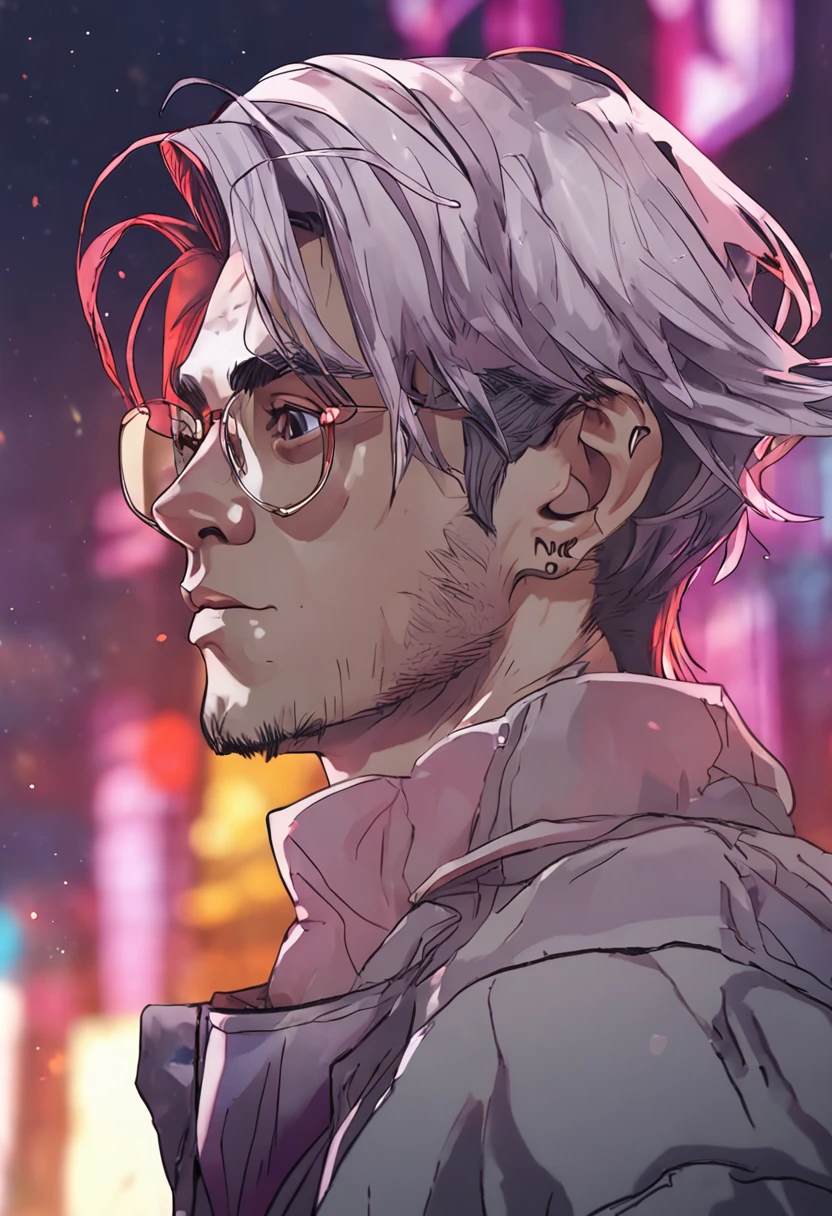 ,Silver Twitch Hair, Adult Man, 25-years old,, Blouson with street patch, lollipop , Smiling, ember, top-quality, masterpiece,