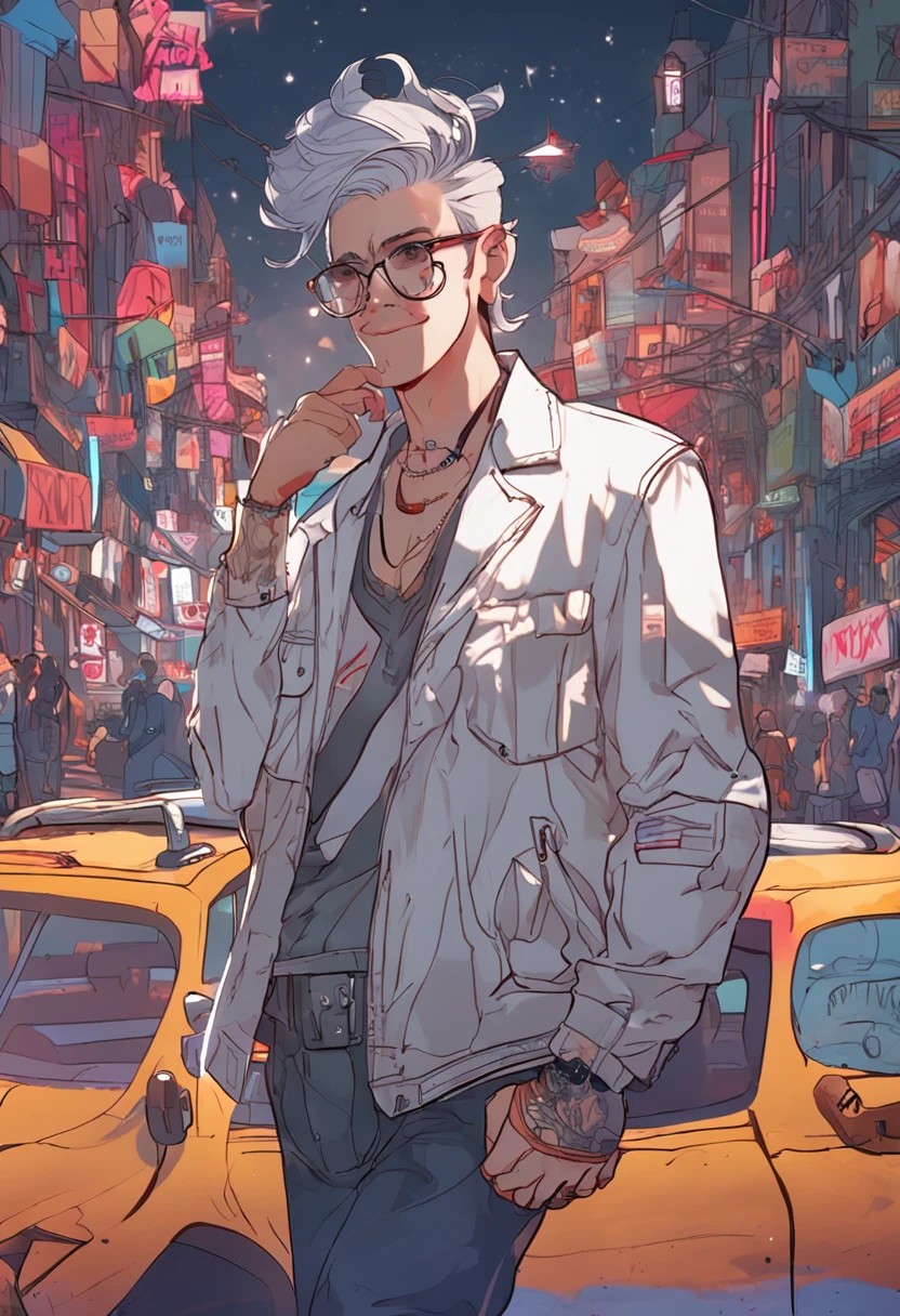 ,Silver Twitch Hair, Adult Man, 25-years old,, Blouson with street patch, lollipop , Smiling, ember, top-quality, masterpiece,