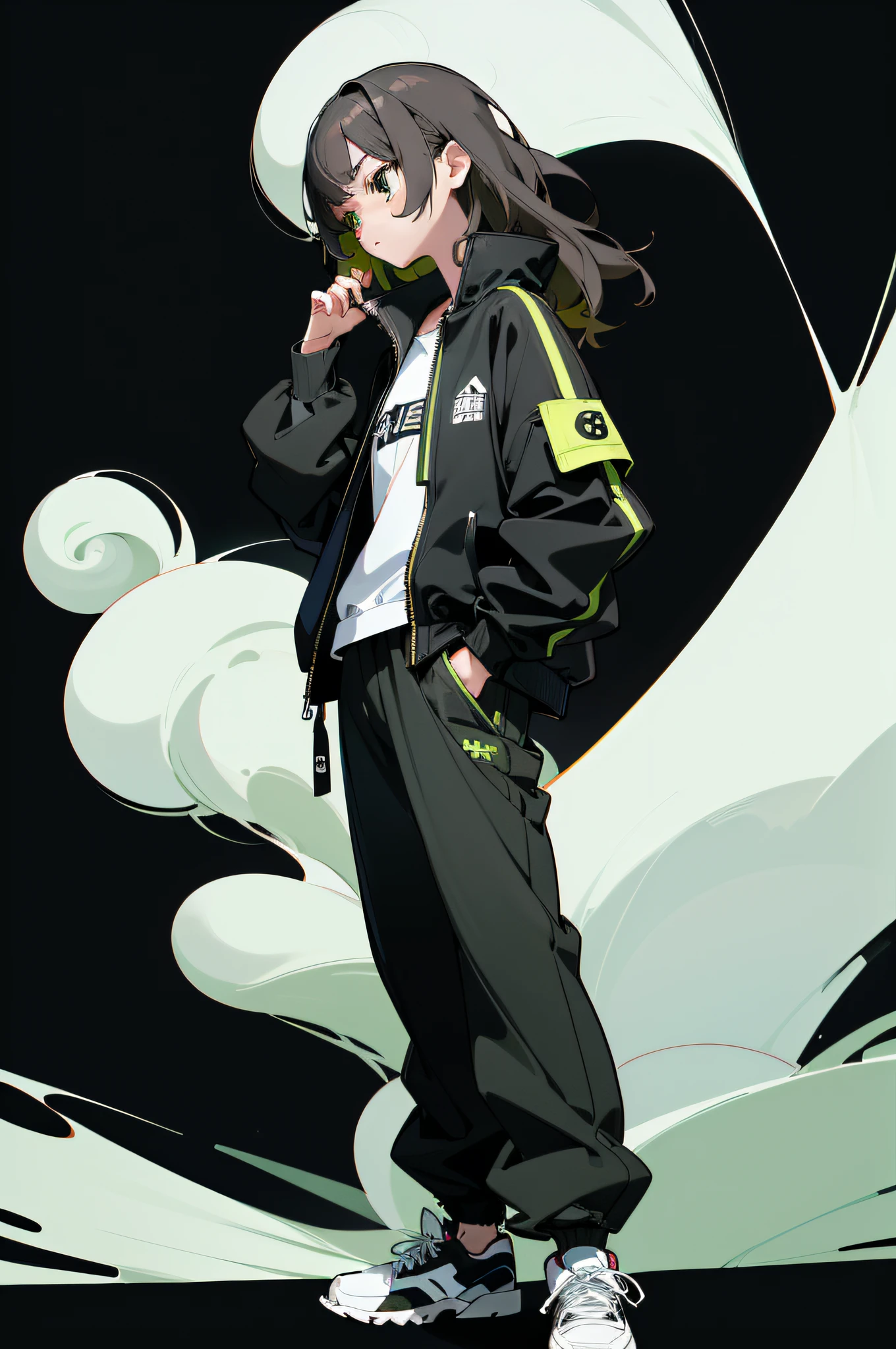 (((1 girl, Solo, Alone))),Look away, Not looking at the camera,((Authentic textures,Realistic lighting)), (((solid black background))),(((Anime style, quadratic element, Simple Color Scheme))), , (Natural posture, Full body, Standing, Natural posture, upright posture), ((((Emphasis on image quality, top-quality, 8K, ​masterpiece, Ultra High Resolution)))), (crisp lines, Crisp Contours, Clean lines),((Anime, big eye, Deformation, Cute, Anime Character, It features a simple, Eye Highlight, Simple little nose, Less hair highlights, smooth lines)), (shoulder-length hair, Hair color:Lime green, Wavy Hair), ((Please wear a black coach jacket、Please wear baggy pants and sneakers、punk fashion )), 　(boyish, Serious, Cool),、 Realistic and ultra-realistic realistic 3D、Zentangle、