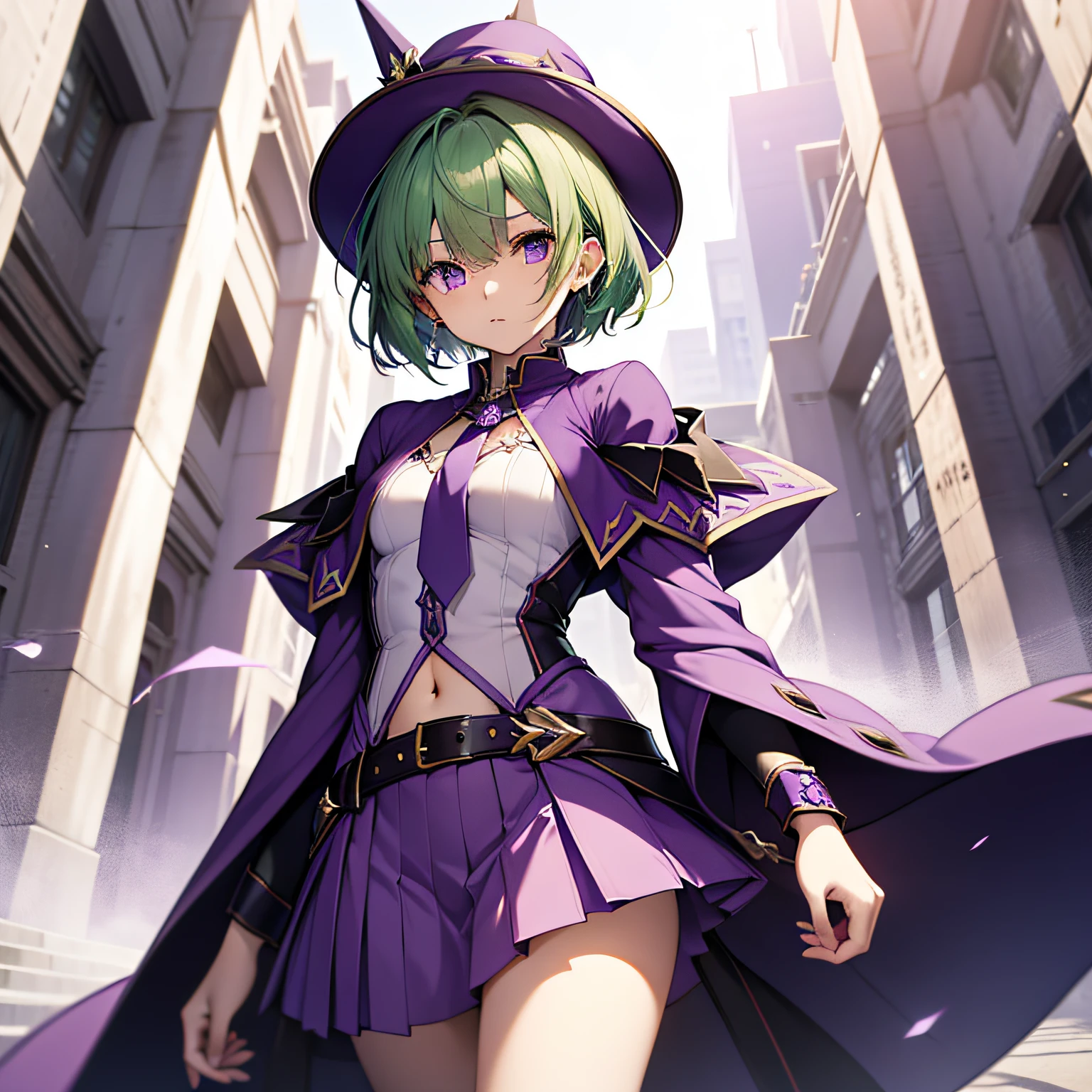 top-quality、extremely delicate and beautiful、(A girl)、Purple Eye、Green hair、short-haired、(Purple pointy hat)、Purple tie、Soio、shortsleeves、Purple skirt、Purple Wizard Robe、Navel、is standing