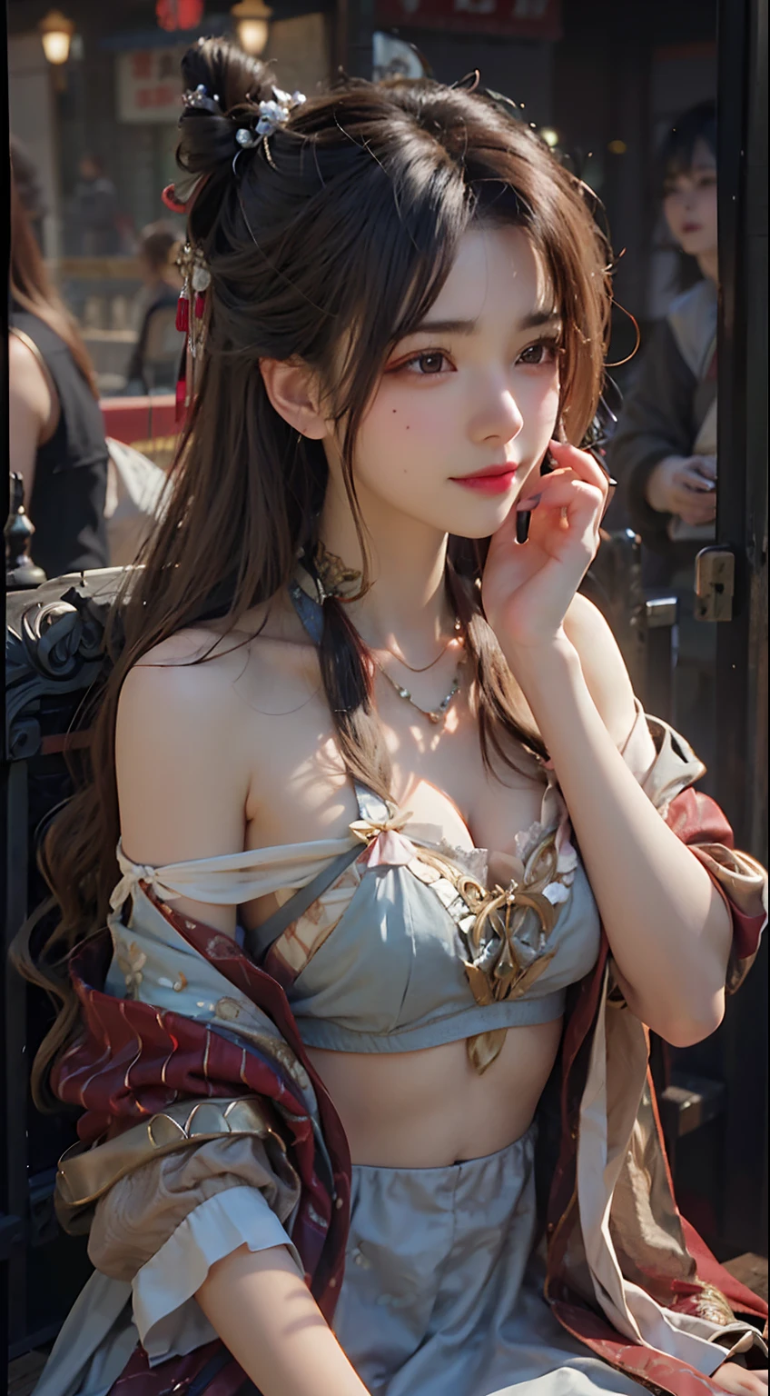 A woman in a dress sits on a bench,It is covered with a red and white blanket, beautiful age girl, Guviz, Anime girl cosplay, trending on cgstation, seductive anime girls, trending at cgstation, a beautiful fantasy empress, Guviz-style artwork, beautiful and seductive anime woman, Traditional beauty, by Yang J, Chinese girl, beautiful fantasy maiden