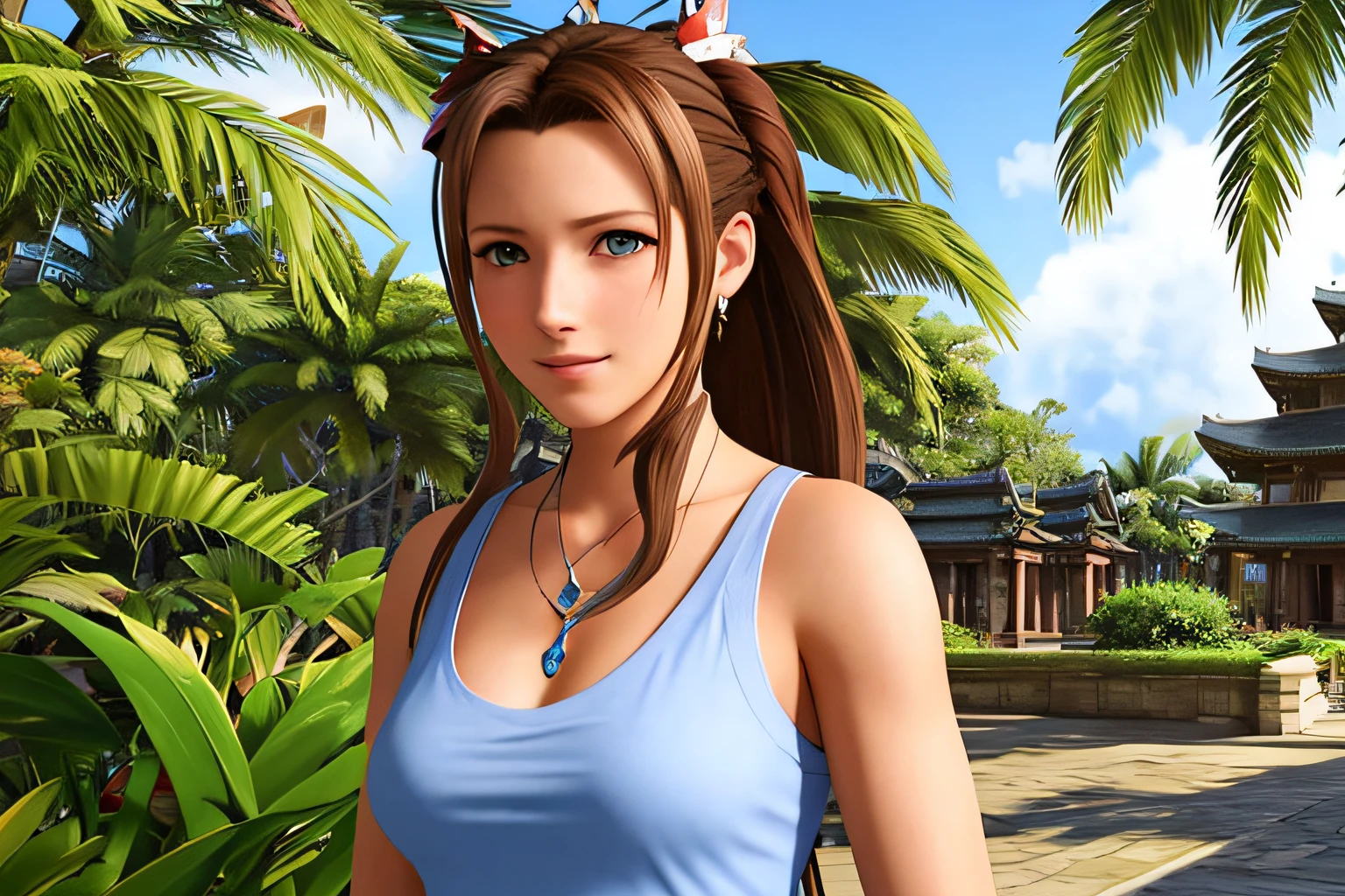 a professional photo of the Aerith Gainsborough from Final Fantasy, red bow on her head, detailed face, detailed eyes, brown hair, smiles mischievous blushing face, (a fantasy city of the future against the backdrop of:1.2), (temples:1.2), tropical plants, tropical leaves, palm trees, tropical trees, intricate, sunny day, realistic shadow, hyperrealism