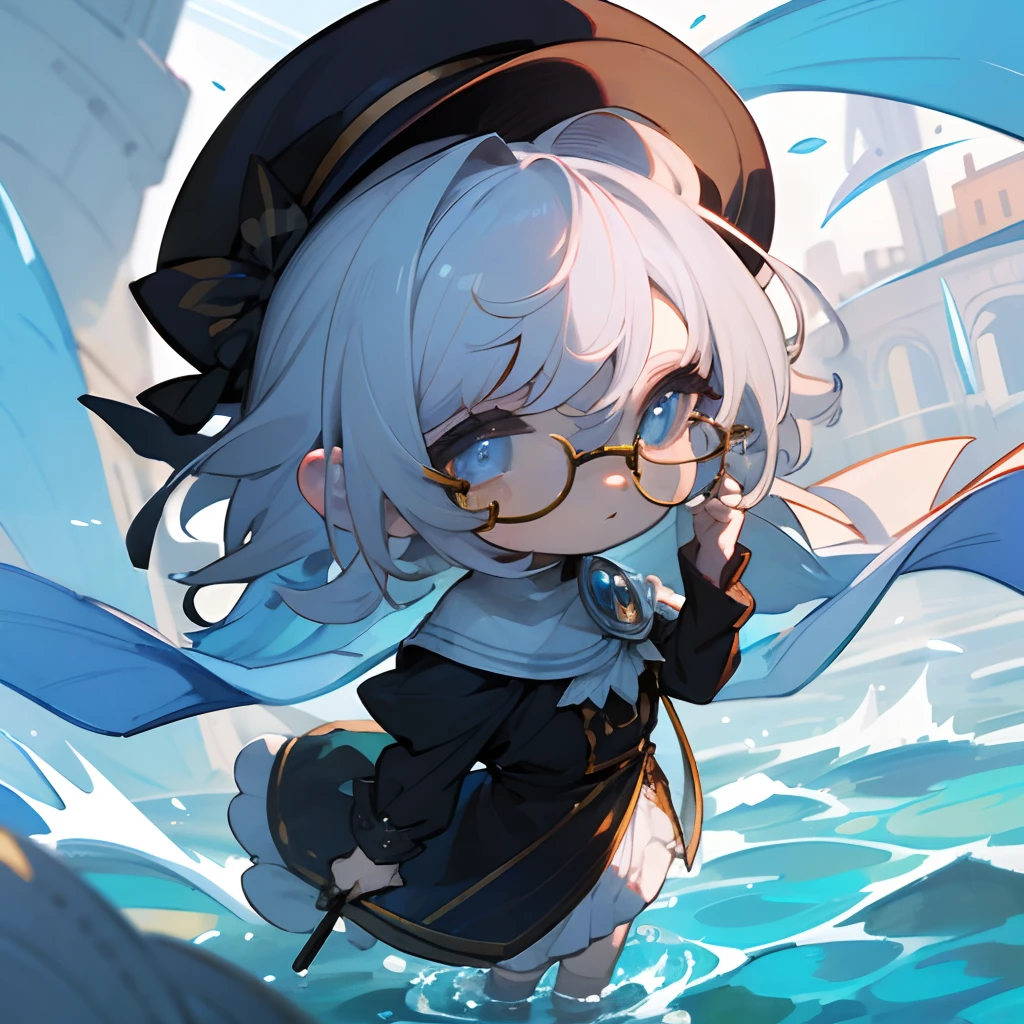 top-quality,Best Quality,Original Characters,Beautiful and detailed eyes,Chibi Chara,round big eyes,(Round small glasses),Eye color is the color of the sea,silber hair,wearing hat,