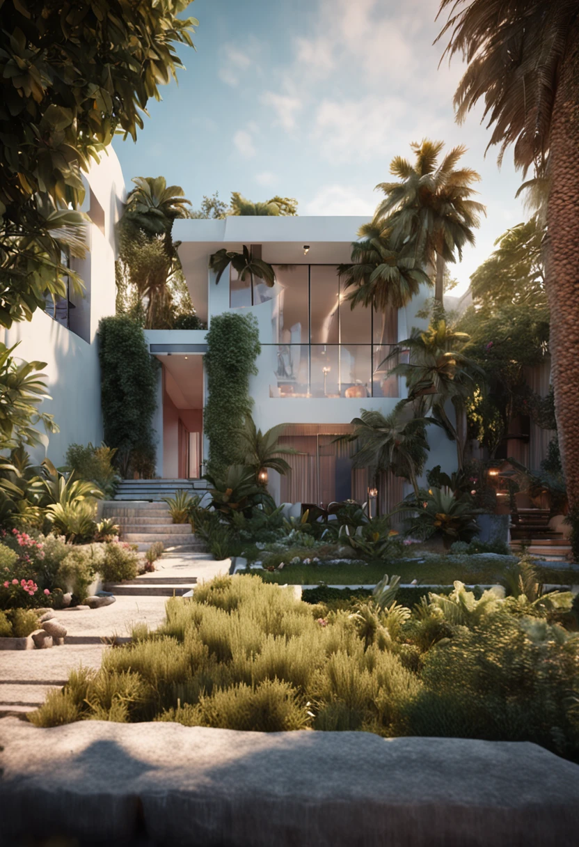 3-storey white building with warm garden