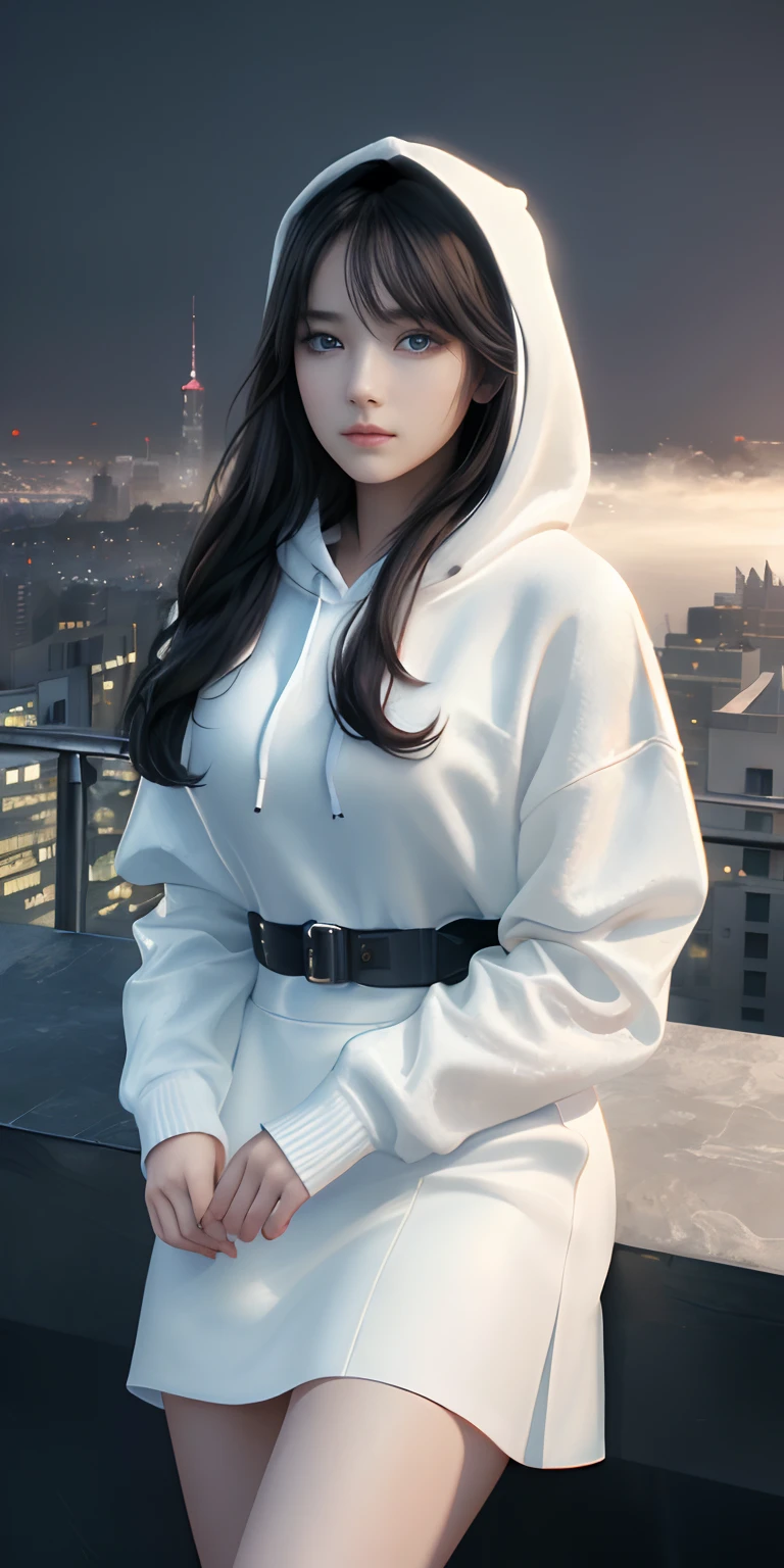 (1girl:1.3), Solo, (((Very detailed face)))), ((Very detailed eyes and face)))), Beautiful detail eyes, Body parts__, Official art, Unified 8k wallpaper, Super detailed, beautiful and beautiful, beautiful, masterpiece, best quality, original, masterpiece, super fine photo, best quality, super high resolution, realistic realism, sunlight, full body portrait, amazing beauty, dynamic pose, delicate face, vibrant eyes, (from the front), She wears white hoodie, with black long hair, with black skirt, look adult, look 21 years old, a little bit sexy, with big boobs, very detailed city roof background, rooftop, overlooking the city, detailed face, detailed complex busy background, messy, gorgeous, milky white, highly detailed skin, realistic skin details, visible pores, clear focus, volumetric fog, 8k uhd, DSLR, high quality, film grain, fair skin, photo realism, lomography, futuristic dystopian megalopolis, translucent, night sky.