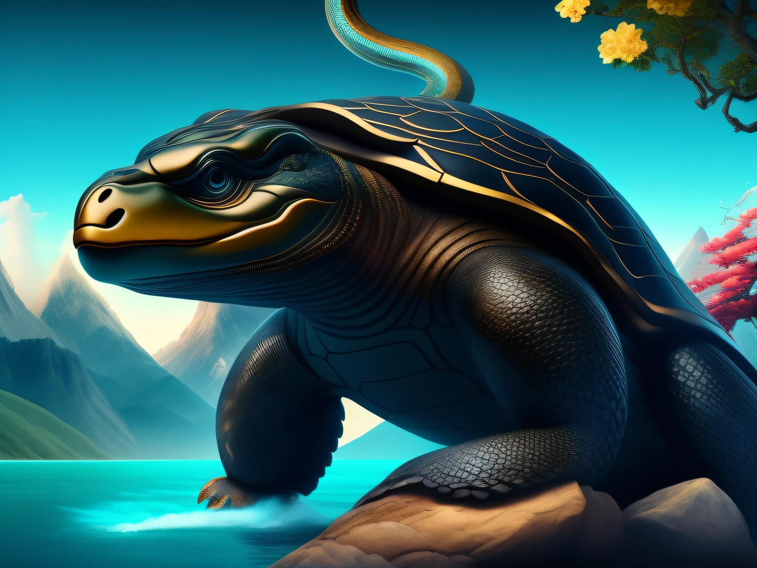 tmasterpiece，CG animation in 8K resolution，absurd res，Inspired by the Classic of Mountains and Seas，Chinese mythology and stories，mythological creatures，The black turtle has the head of a bird and the tail of a snake