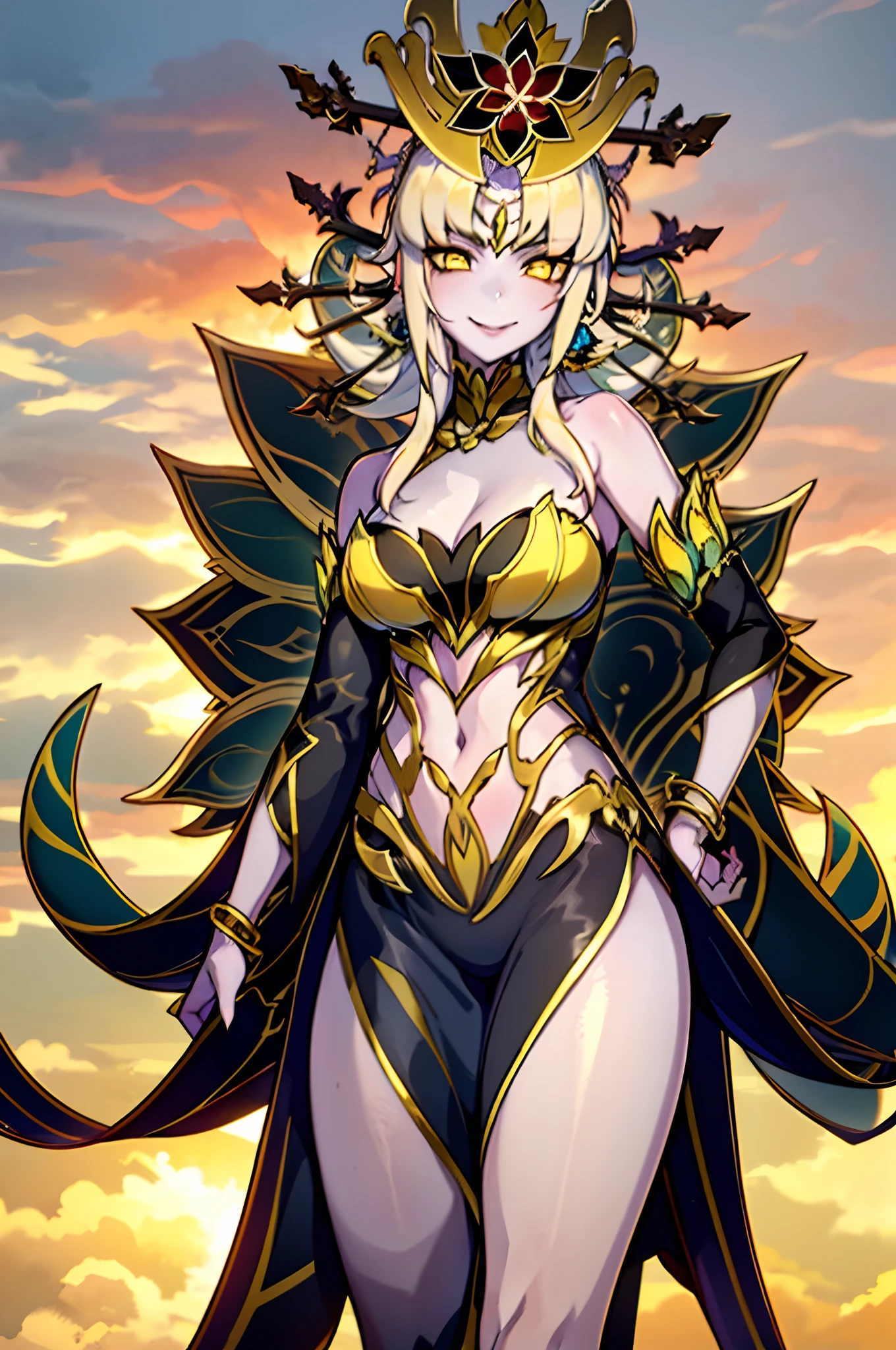 2girls, A giantess,Lie prone forward,Overlooking,Yellow eyes, Golden hair, Large breasts, hair adornments,A cold and malicious smile,A girl,The giantess holds a miniature figure in one hand,The giantess sticks her head towards the miniature figure,Body disparity