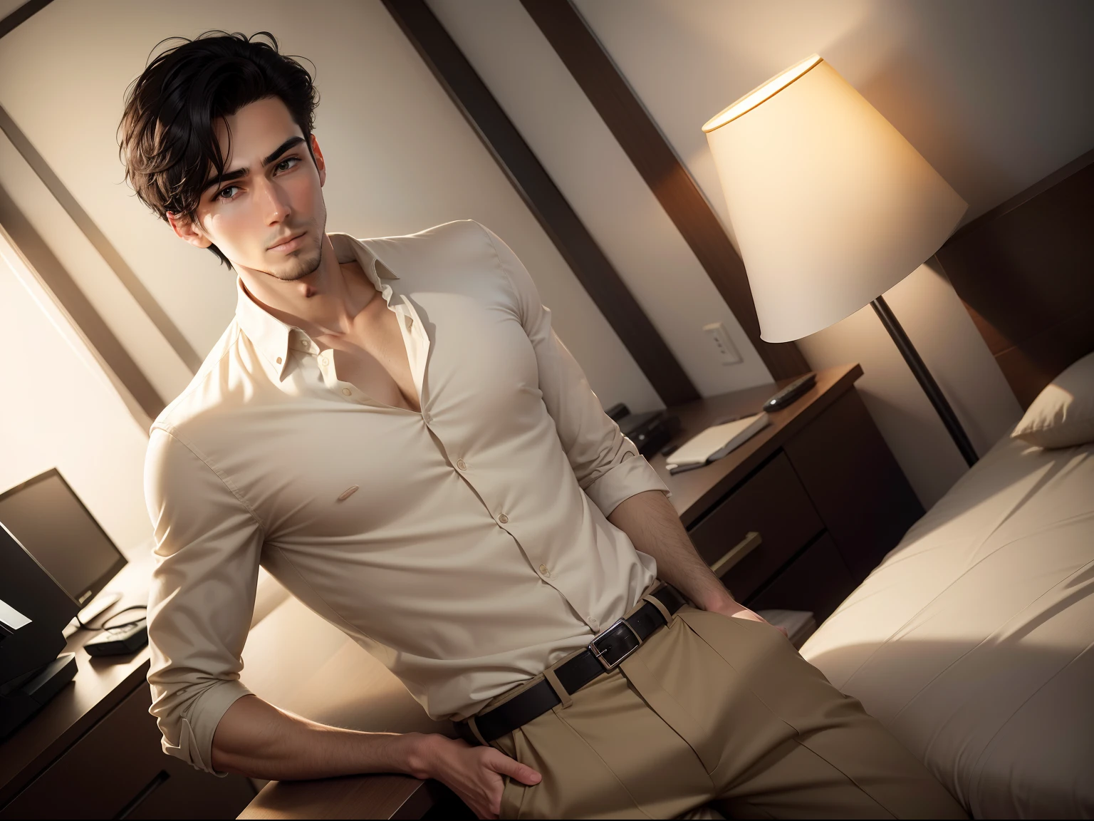 Ultra realistic 8k image of a slim 25-year-old man, short black hair, dressed in a beige button-up shirt and beige pants, in a plain suite of a cheap hotel, morning