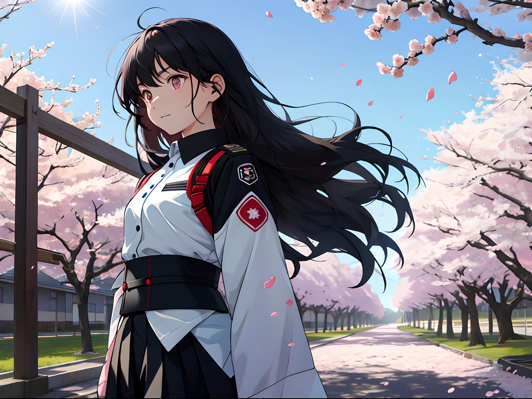 A girl with long black hair in uniform,Eyes looking into the distance,The cherry blossoms next to it are in full bloom and are blown by the wind,Several cherry blossom petals were blown off by the wind,The girl's long hair was blown by the wind,And the sun is about to set,The sun shines on the girl,8k,hyper-detailing,Only one photo