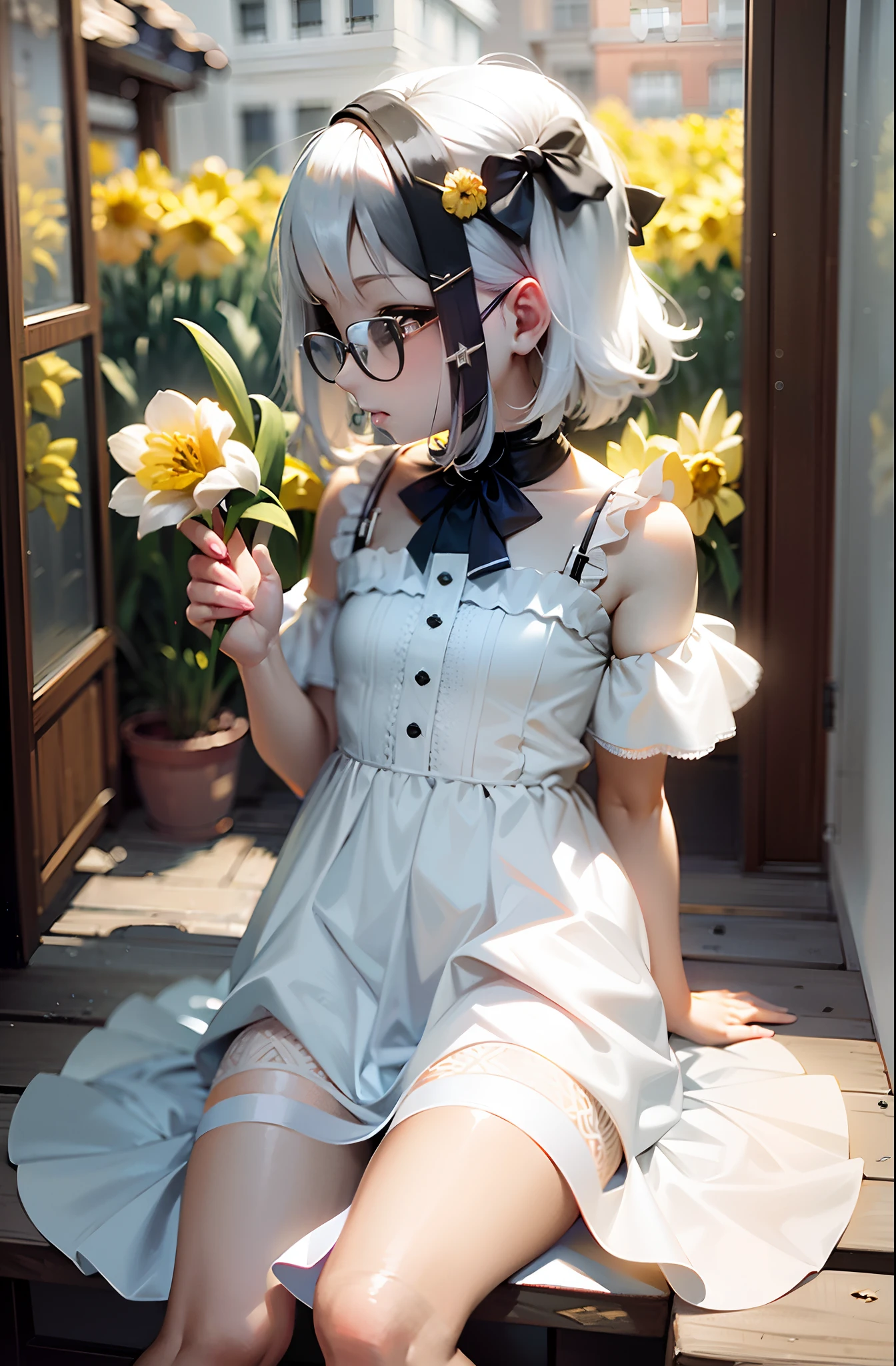 HighestQuali，tmasterpiece，1Blittle girl，Petite and cute，daffodil，White color hair，black-frame glasses