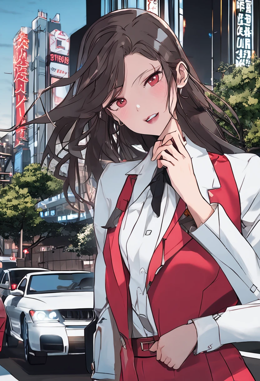 1 beautiful woman in high, More skin, toView, brown-eyed, windblown dark hair、length hair、makeup、red-lips、flawless skin、de pele branca、(Office Suits:1.1)、Yokohama City with a high-speed port(speeding)　Driving a red car　nighttime scene　cherry trees