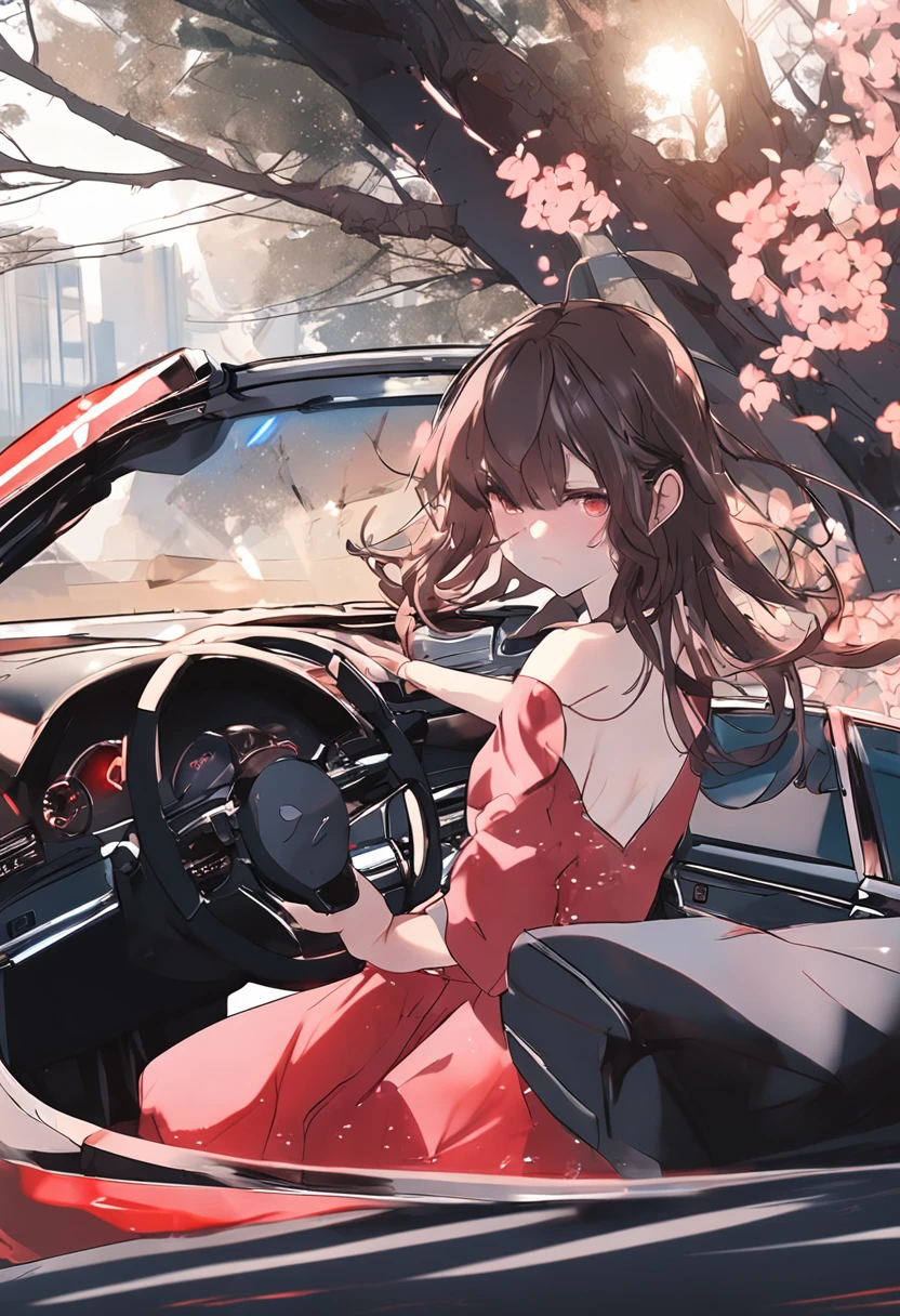 1 beautiful woman in high, More skin, toView, brown-eyed, windblown dark hair、length hair、makeup、red-lips、flawless skin、de pele branca、(Office Suits:1.1)、Yokohama City with a high-speed port(speeding)　Driving a red car　nighttime scene　cherry trees