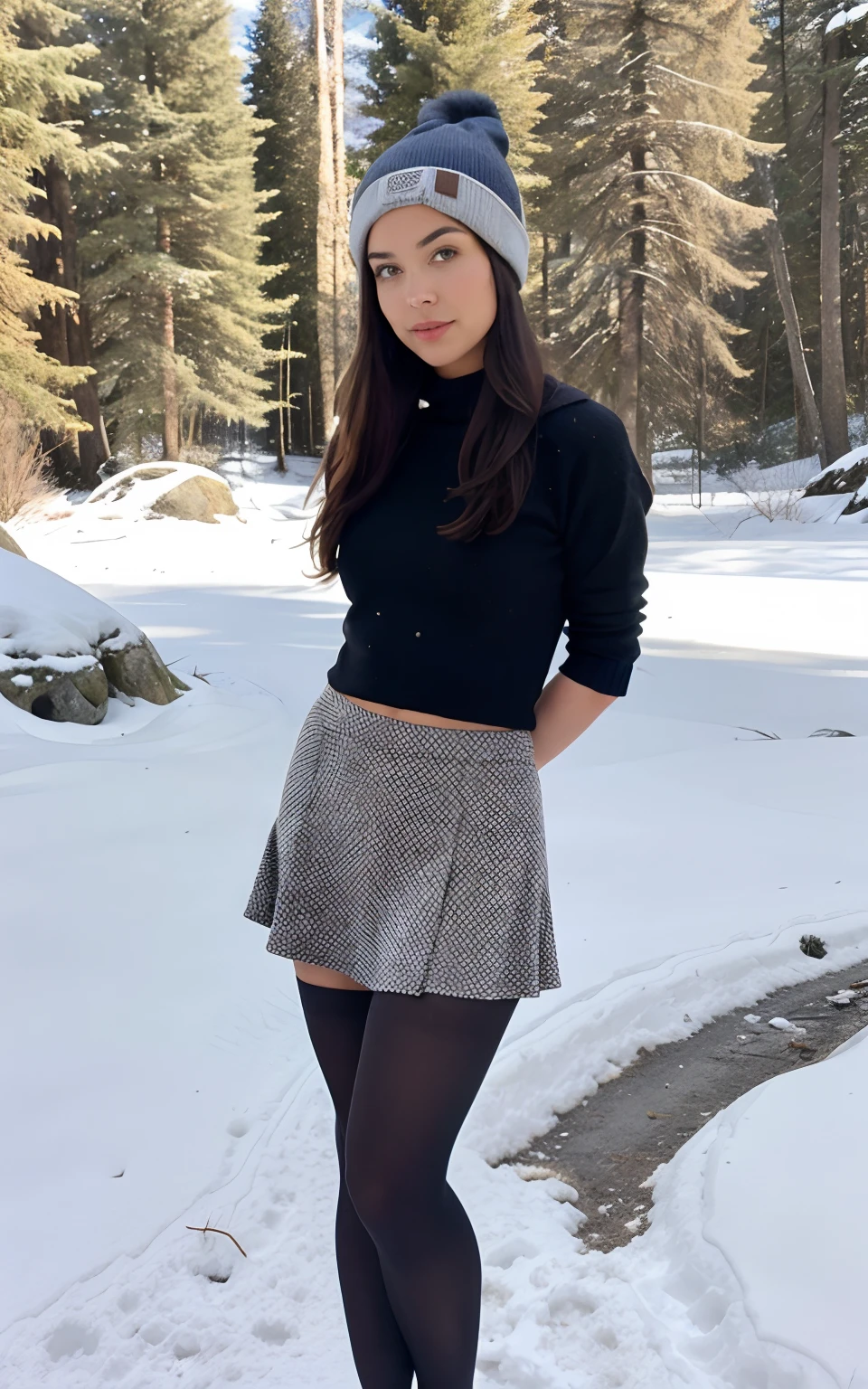 Show entire body, feet in view, aerial view, Zendaya, big breasts, topless, curly hair, beanie, American school uniform, short skirt, sheer pantyhose, shiny patent leather shoes, snowy day, outdoors