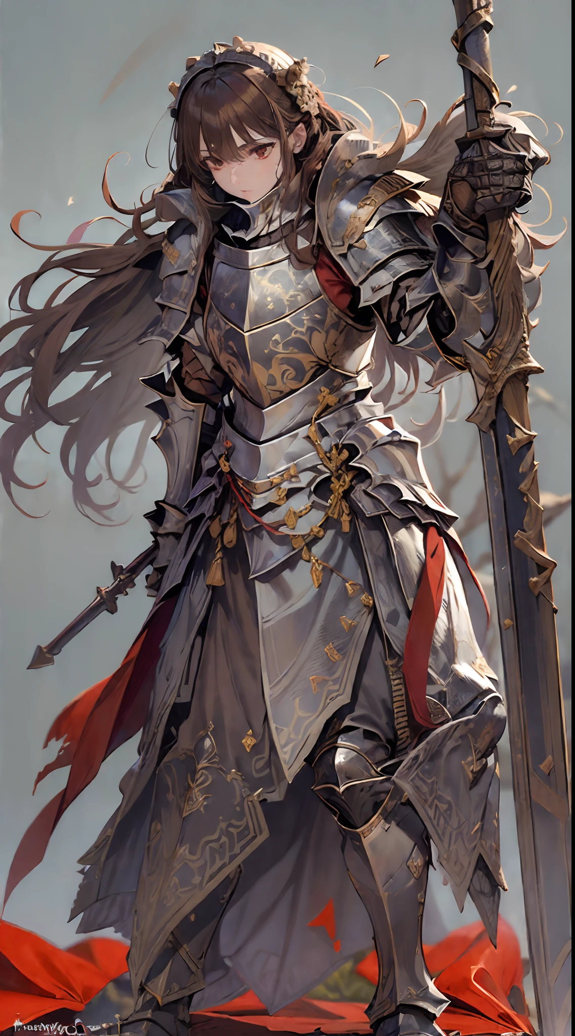 ((((((Knight Armor)))))), bare face, updo, red eyes, tall, long spear in hand, serious, brown hair, depth of field, atmospheric perspective, UHD, masterpiece, anatomically correct, textured skin, retina, high details