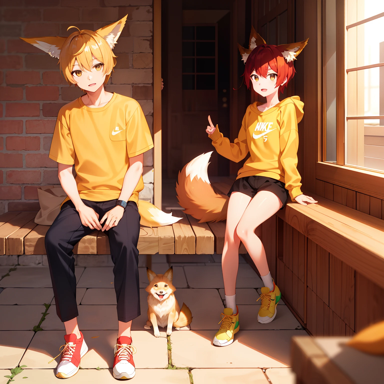 Popular on ArtStation Pixiv for a boy，Short blonde hair，Golden fox ears，Golden fox tail，Reddish-brown eyes，Wearing a yellow sweatshirt，Cropped pants，nike shoes，Tsundere